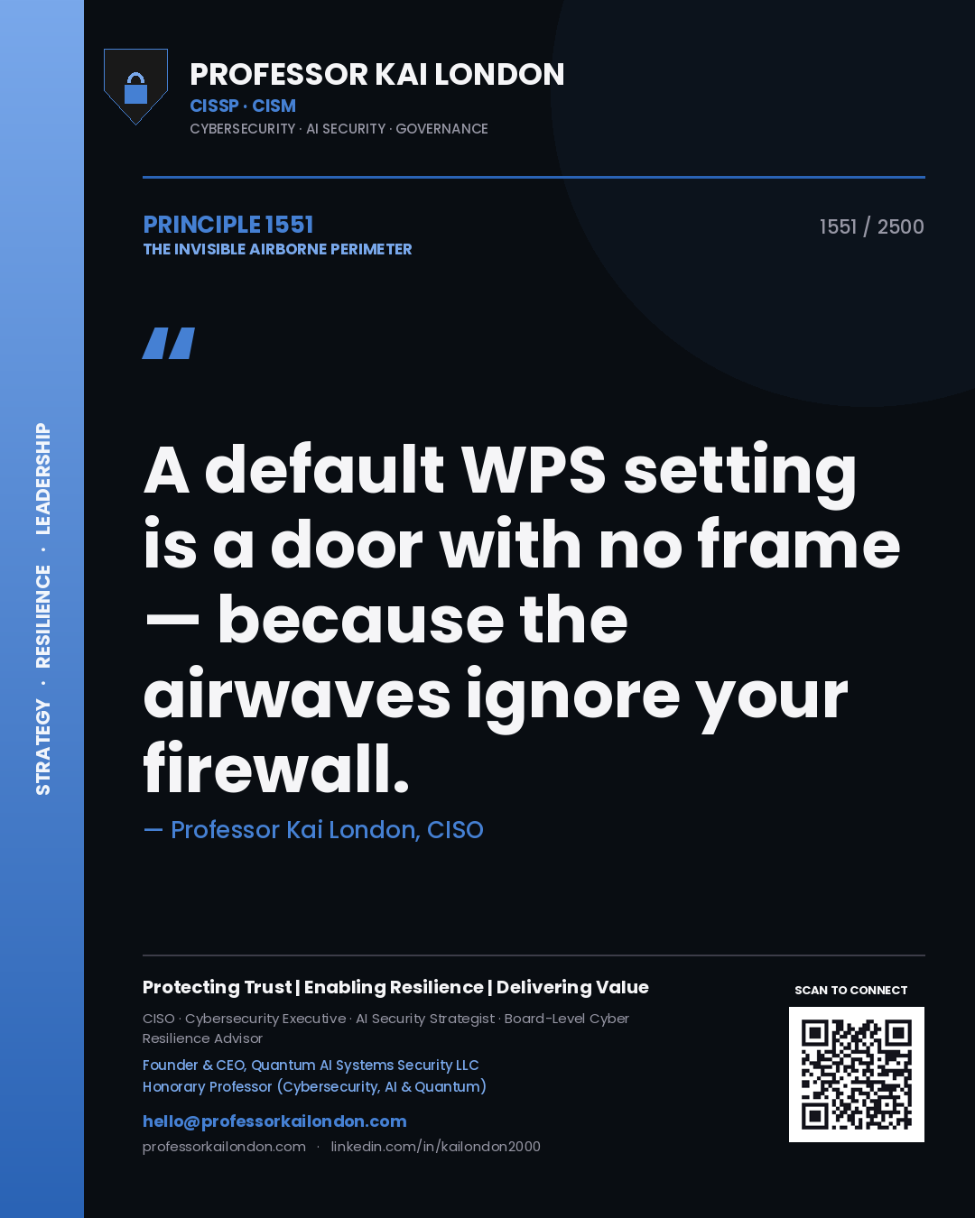 Quote card by Professor Kai London reading 'A default WPS setting is a door with no frame — because the airwaves ignore your firewall.'. From the book The Invisible Airborne Perimeter.