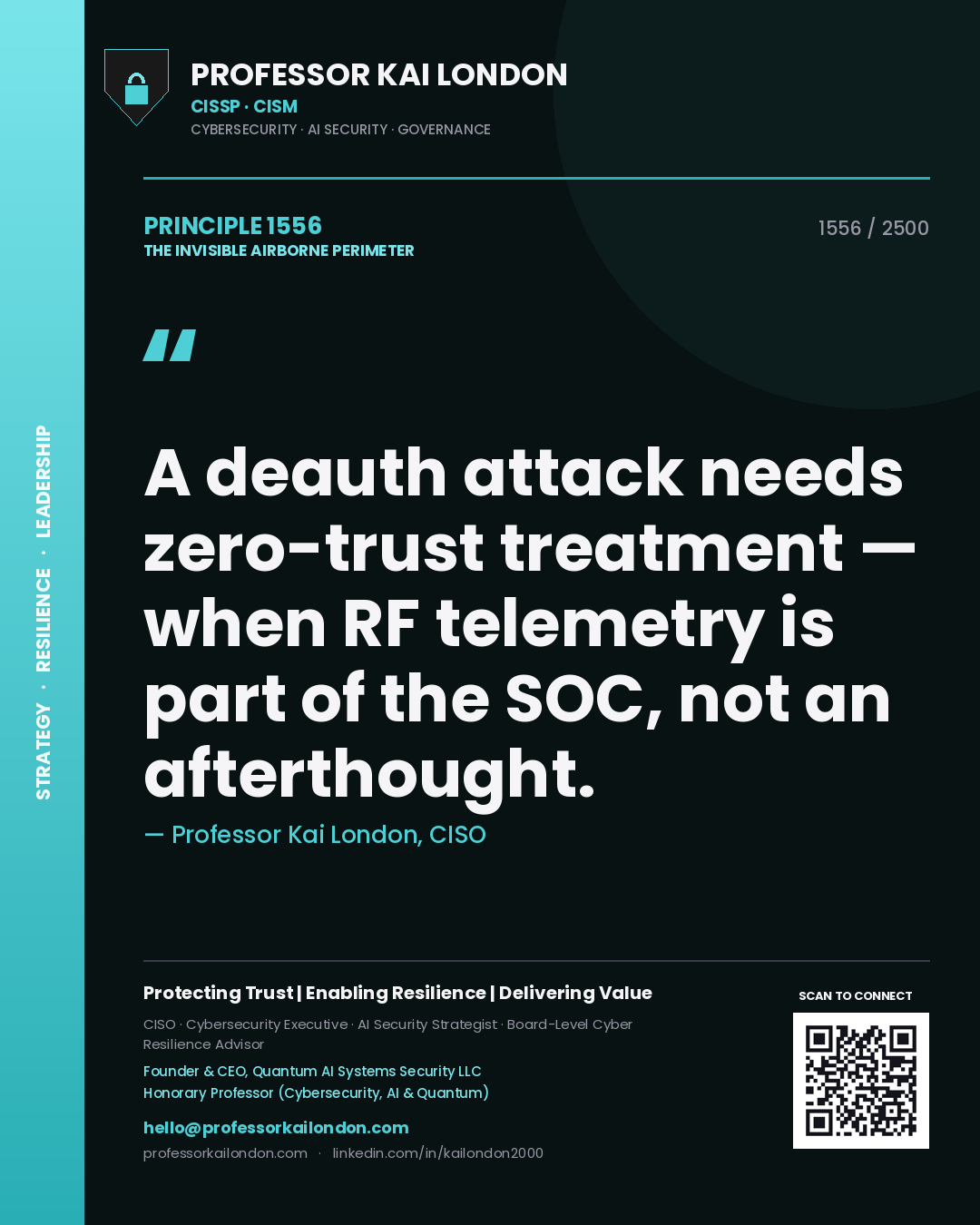 Quote card by Professor Kai London reading 'A deauth attack needs zero-trust treatment — when RF telemetry is part of the SOC, not an afterthought.'. From the book The Invisible Airborne Perimeter.