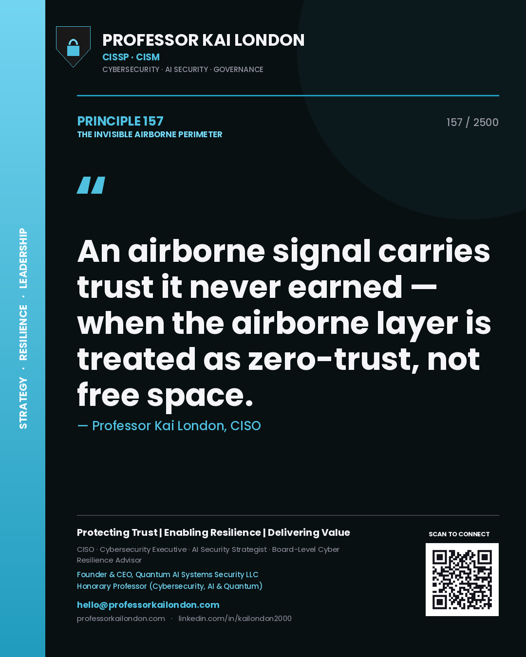Quote card by Professor Kai London reading 'An airborne signal carries trust it never earned — when the airborne layer is treated as zero-trust, not free space.'. From the book The Invisible Airborne Perimeter.