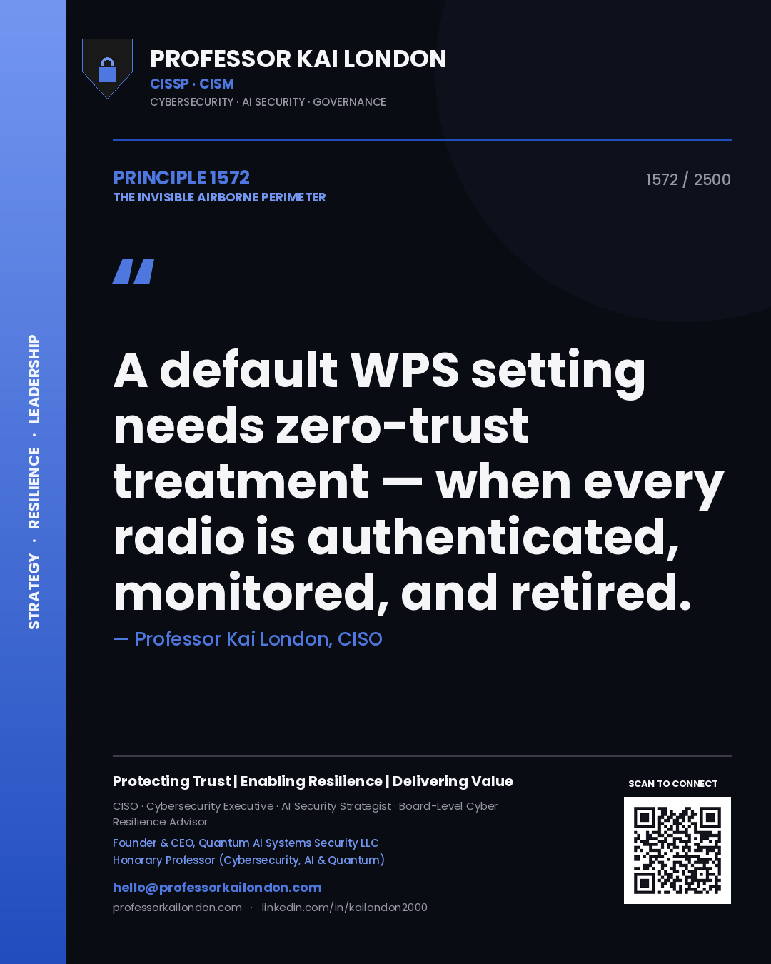 Quote card by Professor Kai London reading 'A default WPS setting needs zero-trust treatment — when every radio is authenticated, monitored, and retired.'. From the book The Invisible Airborne Perimeter.