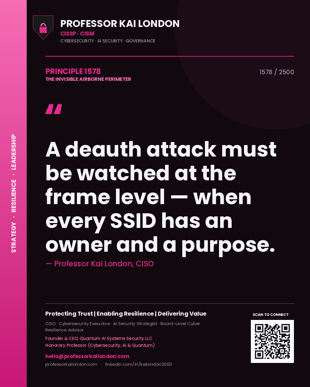 Quote card by Professor Kai London reading 'A deauth attack must be watched at the frame level — when every SSID has an owner and a purpose.'. From the book The Invisible Airborne Perimeter.