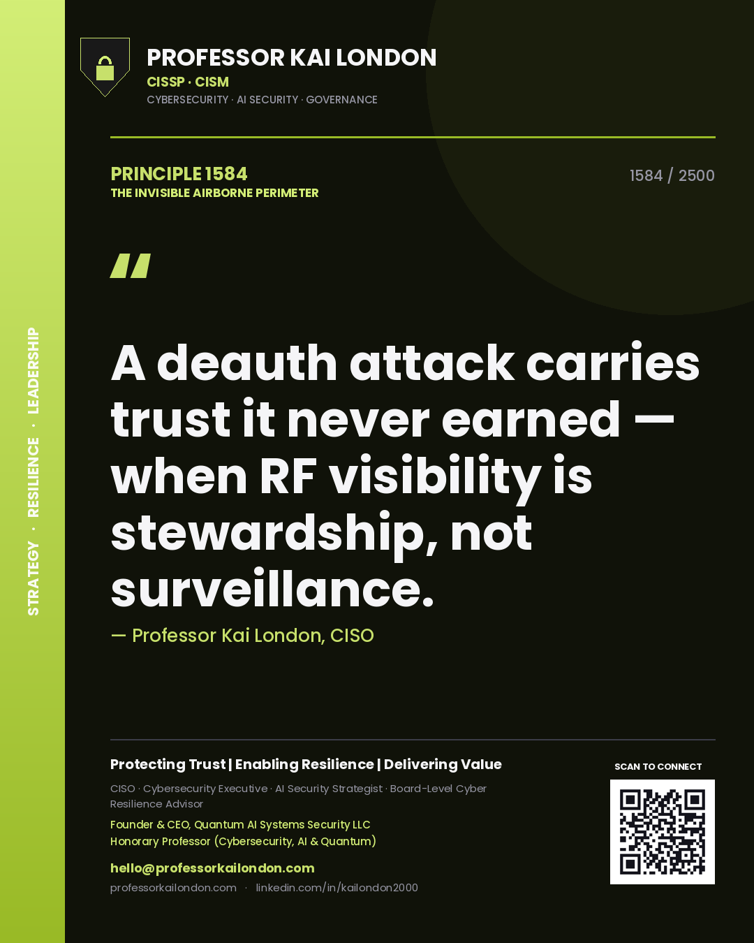 Quote card by Professor Kai London reading 'A deauth attack carries trust it never earned — when RF visibility is stewardship, not surveillance.'. From the book The Invisible Airborne Perimeter.