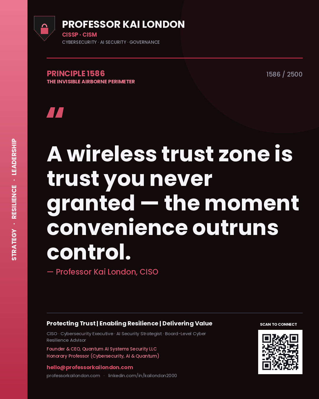 Quote card by Professor Kai London reading 'A wireless trust zone is trust you never granted — the moment convenience outruns control.'. From the book The Invisible Airborne Perimeter.