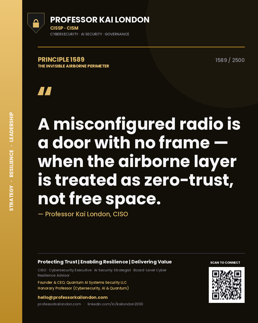 Quote card by Professor Kai London reading 'A misconfigured radio is a door with no frame — when the airborne layer is treated as zero-trust, not free space.'. From the book The Invisible Airborne Perimeter.