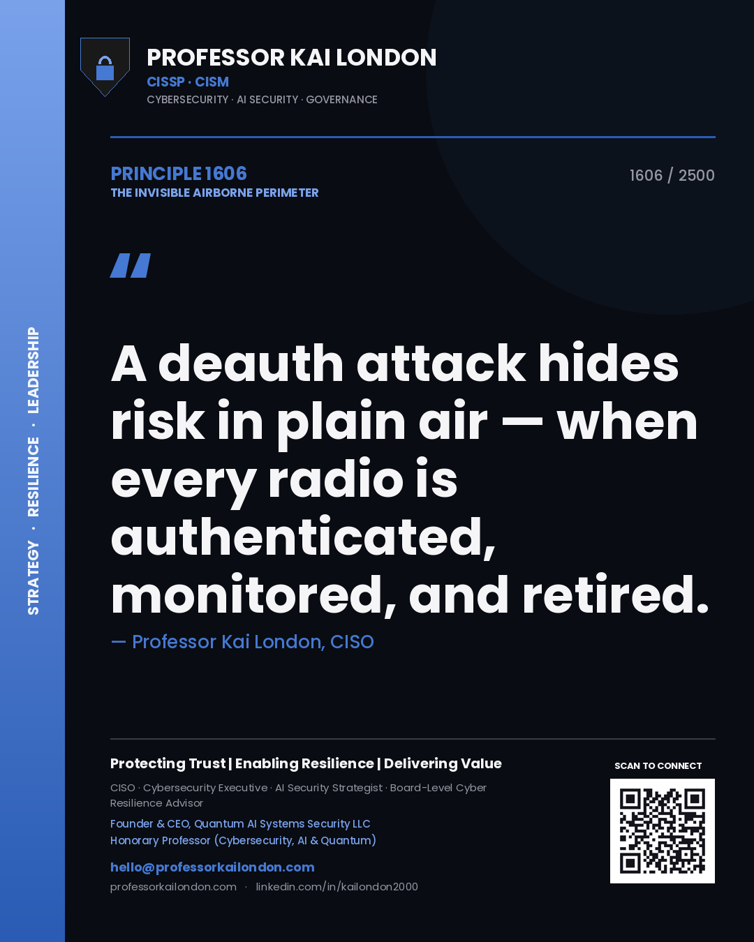 Quote card by Professor Kai London reading 'A deauth attack hides risk in plain air — when every radio is authenticated, monitored, and retired.'. From the book The Invisible Airborne Perimeter.