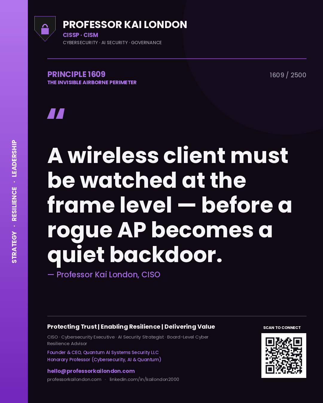 Professor Kai London principle 1609: A wireless client must be watched at the frame level — before a rogue AP becomes a quiet backdoor.