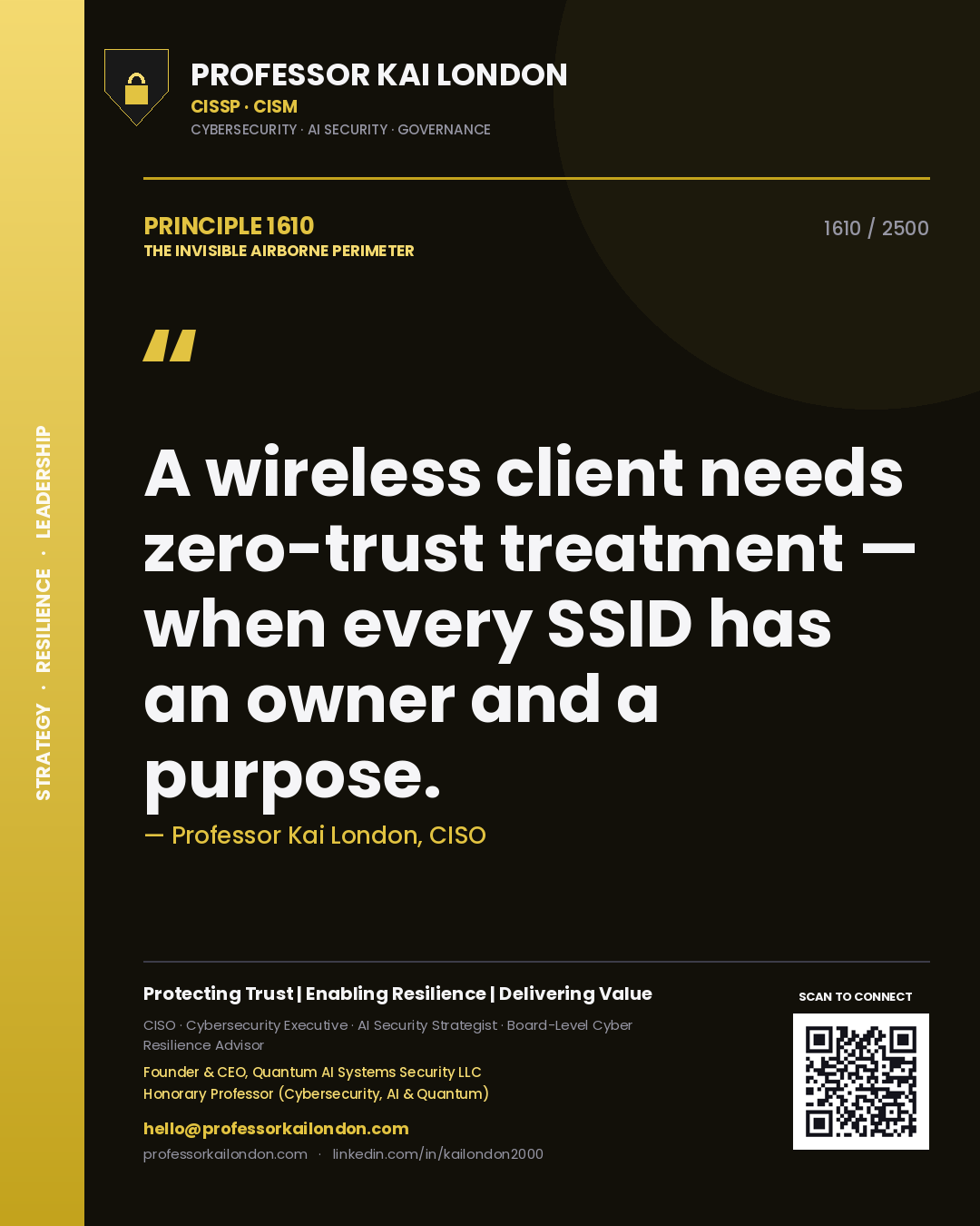 Quote card by Professor Kai London reading 'A wireless client needs zero-trust treatment — when every SSID has an owner and a purpose.'. From the book The Invisible Airborne Perimeter.