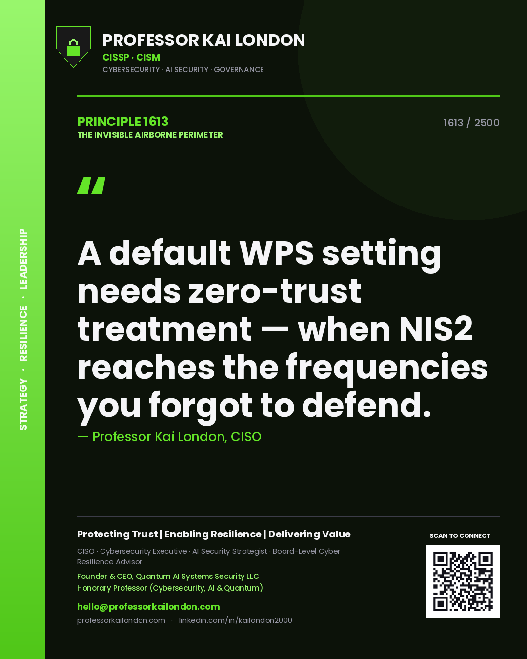 Quote card by Professor Kai London reading 'A default WPS setting needs zero-trust treatment — when NIS2 reaches the frequencies you forgot to defend.'. From the book The Invisible Airborne Perimeter.