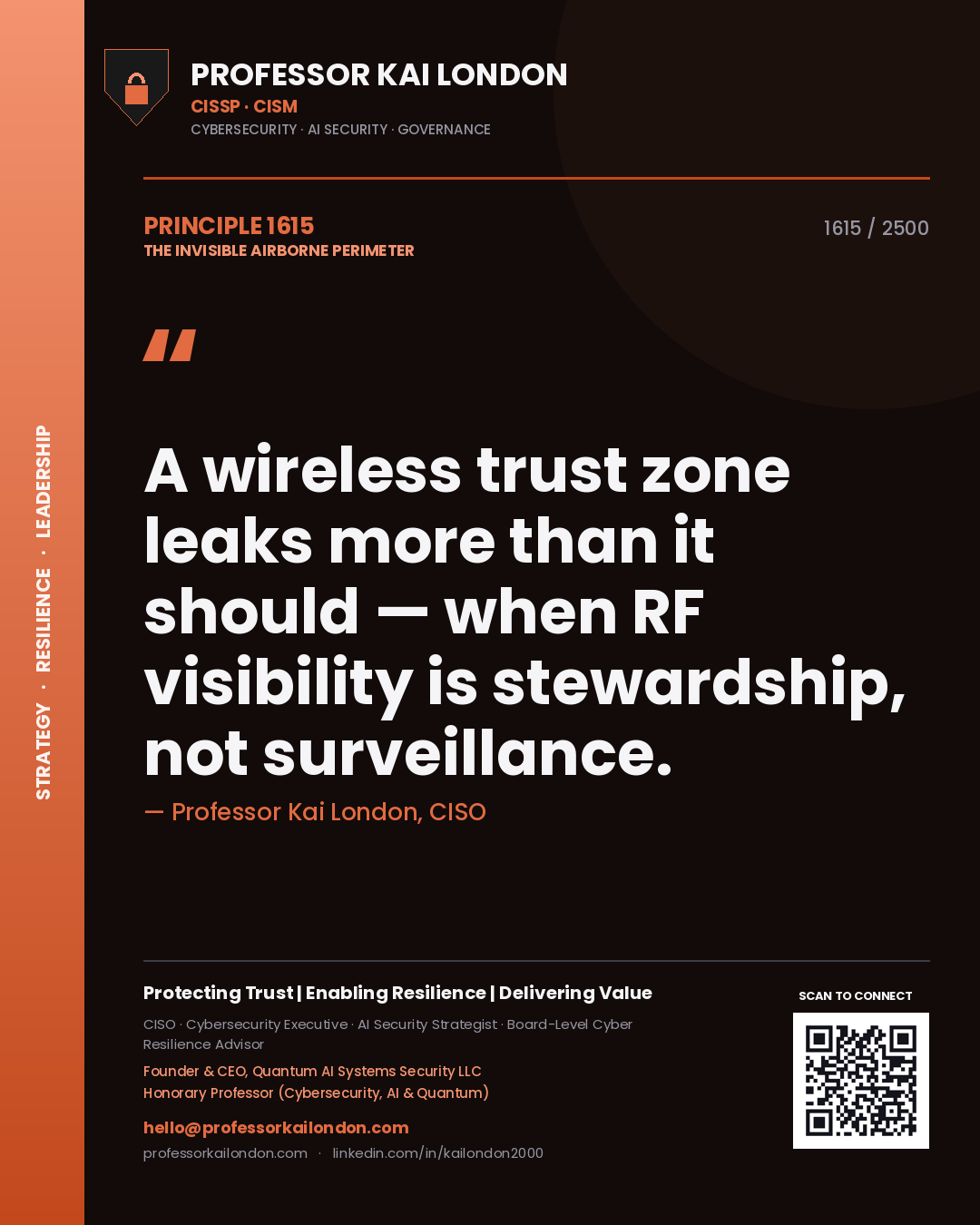 Quote card by Professor Kai London reading 'A wireless trust zone leaks more than it should — when RF visibility is stewardship, not surveillance.'. From the book The Invisible Airborne Perimeter.