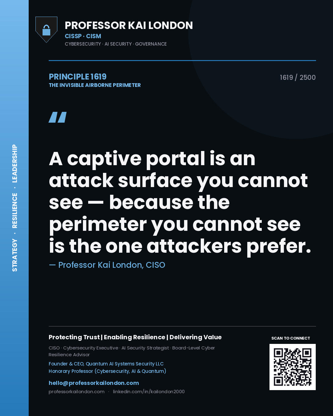 Quote card by Professor Kai London reading 'A captive portal is an attack surface you cannot see — because the perimeter you cannot see is the one attackers prefer.'. From the book The Invisible Airborne Perimeter.