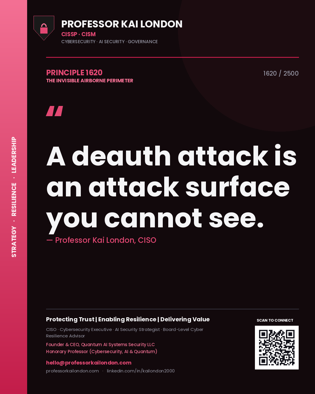 Quote card by Professor Kai London reading 'A deauth attack is an attack surface you cannot see.'. From the book The Invisible Airborne Perimeter.