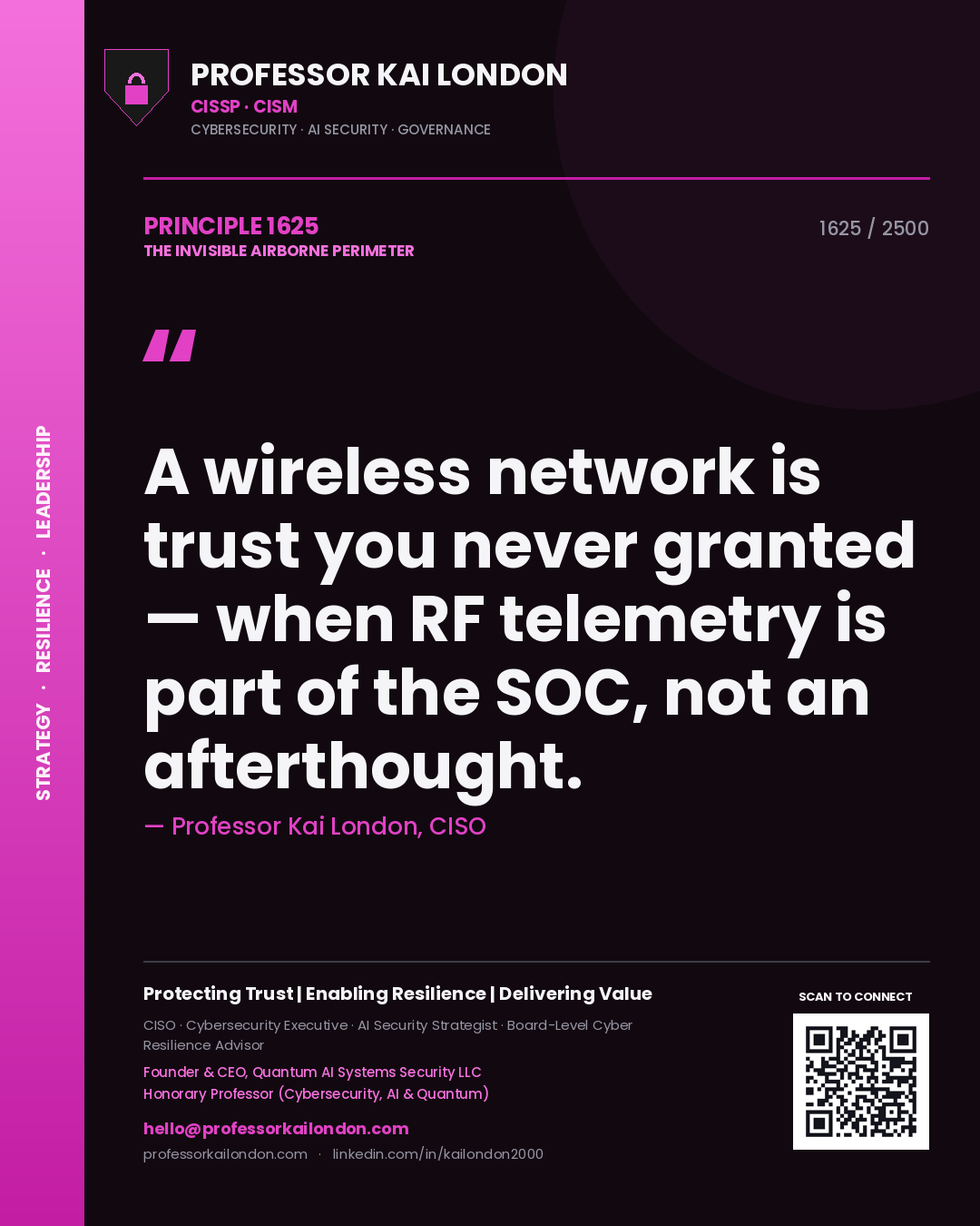 Quote card by Professor Kai London reading 'A wireless network is trust you never granted — when RF telemetry is part of the SOC, not an afterthought.'. From the book The Invisible Airborne Perimeter.