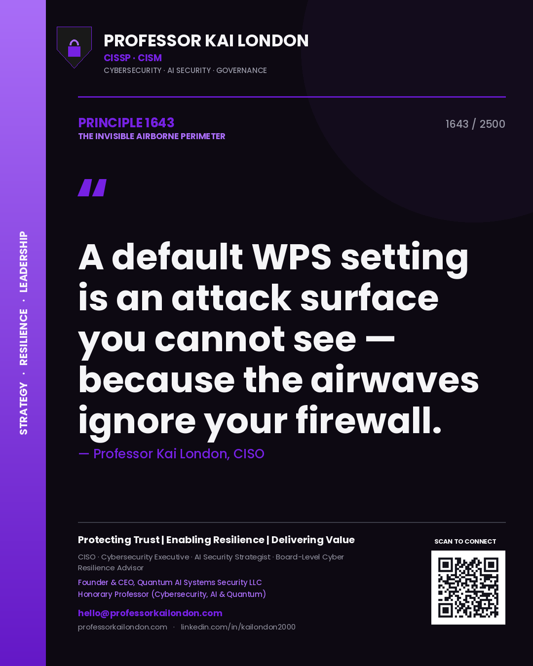 Quote card by Professor Kai London reading 'A default WPS setting is an attack surface you cannot see — because the airwaves ignore your firewall.'. From the book The Invisible Airborne Perimeter.