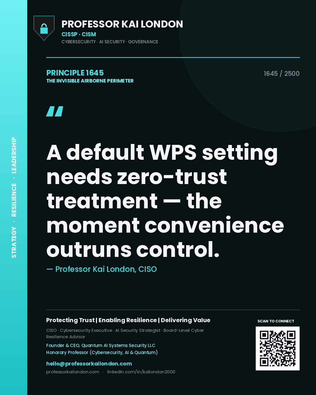 Quote card by Professor Kai London reading 'A default WPS setting needs zero-trust treatment — the moment convenience outruns control.'. From the book The Invisible Airborne Perimeter.