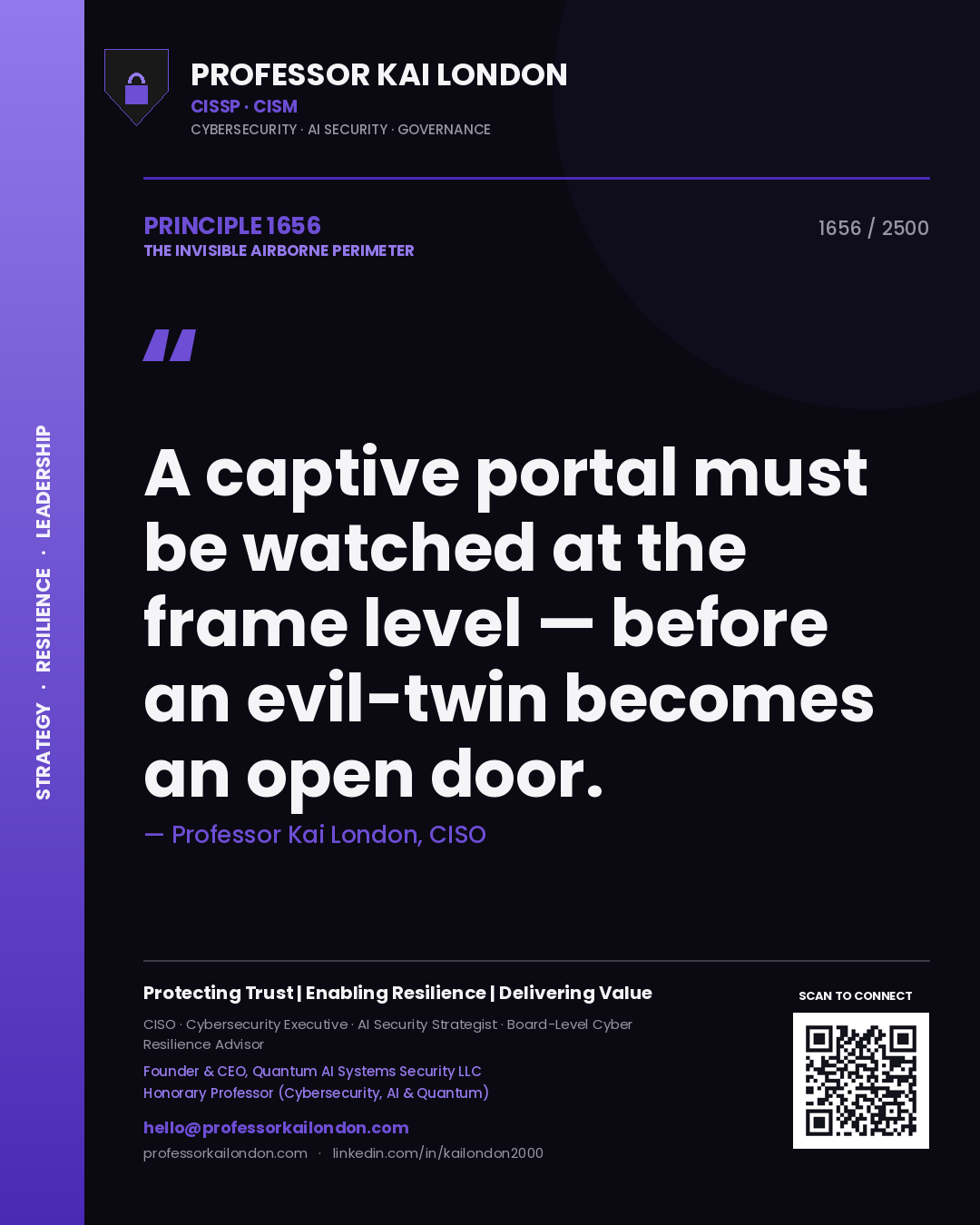 Quote card by Professor Kai London reading 'A captive portal must be watched at the frame level — before an evil-twin becomes an open door.'. From the book The Invisible Airborne Perimeter.