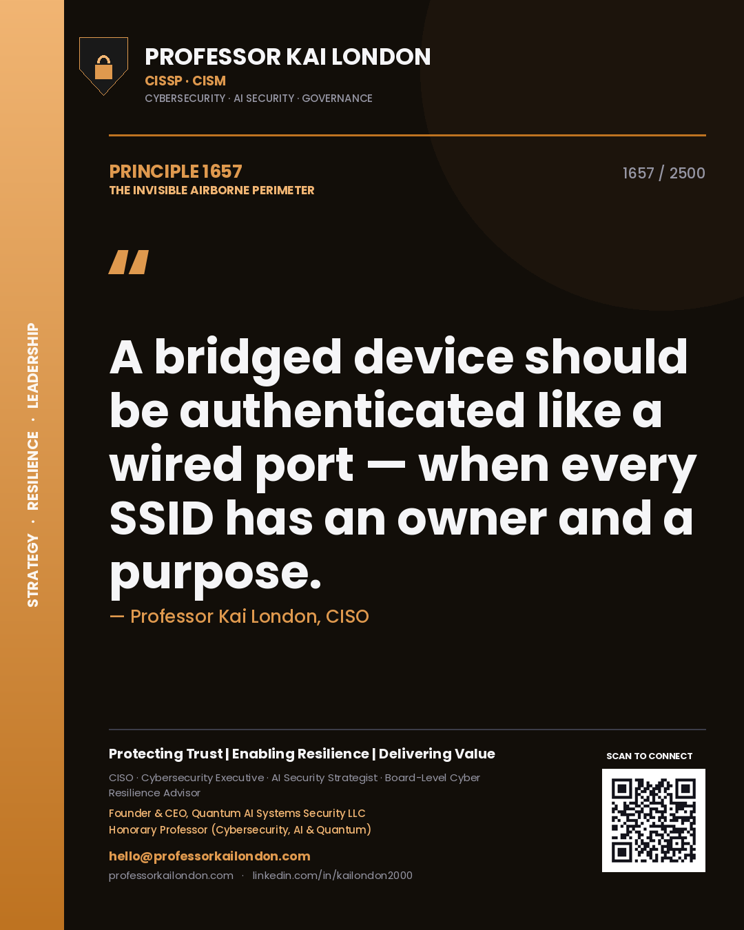 Quote card by Professor Kai London reading 'A bridged device should be authenticated like a wired port — when every SSID has an owner and a purpose.'. From the book The Invisible Airborne Perimeter.