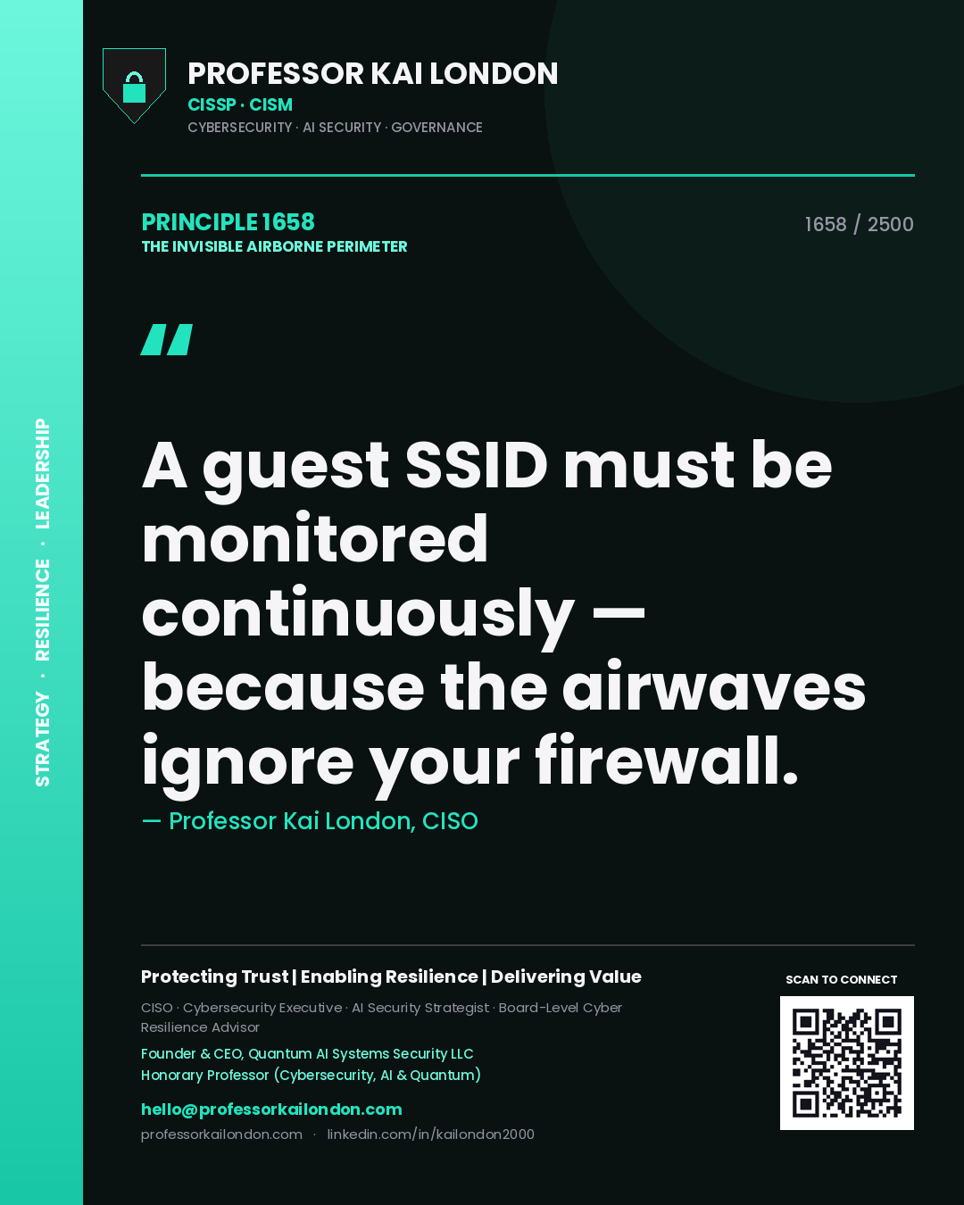 Quote card by Professor Kai London reading 'A guest SSID must be monitored continuously — because the airwaves ignore your firewall.'. From the book The Invisible Airborne Perimeter.