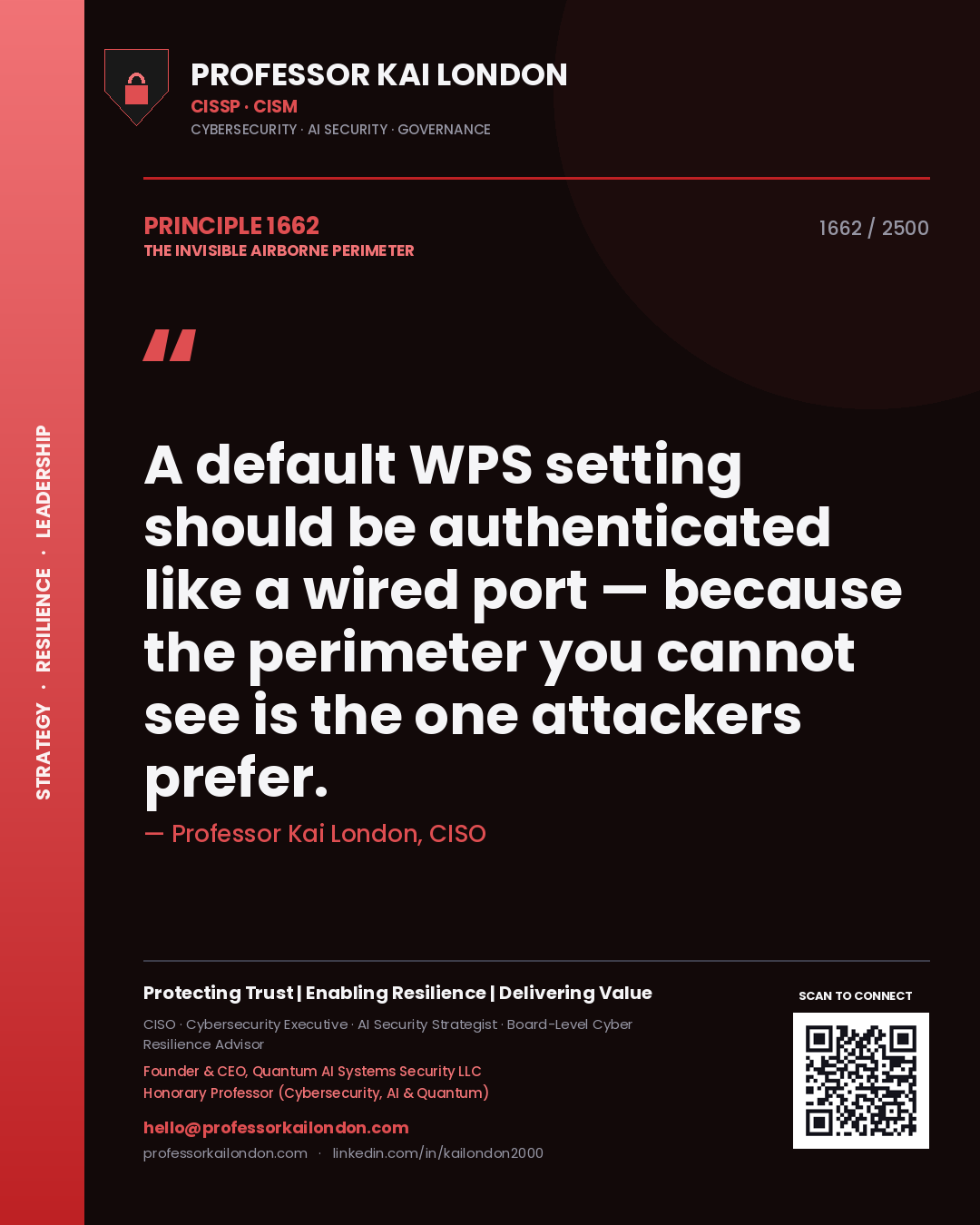 Professor Kai London principle 1662: A default WPS setting should be authenticated like a wired port — because the perimeter you cannot see is the one attackers prefer.