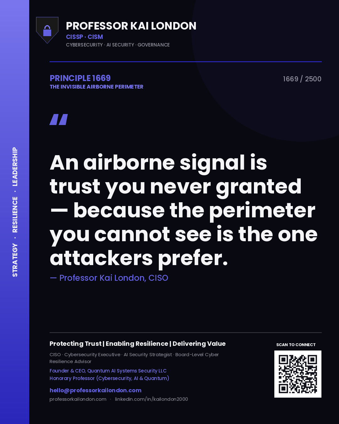 Quote card by Professor Kai London reading 'An airborne signal is trust you never granted — because the perimeter you cannot see is the one attackers prefer.'. From the book The Invisible Airborne Perimeter.
