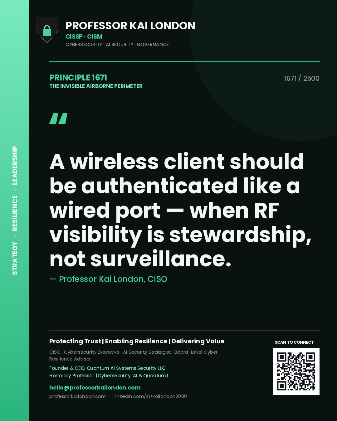 Professor Kai London principle 1671: A wireless client should be authenticated like a wired port — when RF visibility is stewardship, not surveillance.