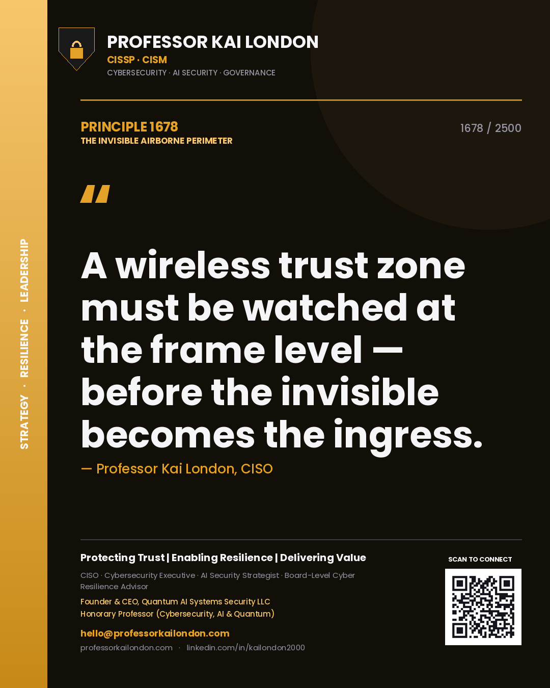 Quote card by Professor Kai London reading 'A wireless trust zone must be watched at the frame level — before the invisible becomes the ingress.'. From the book The Invisible Airborne Perimeter.