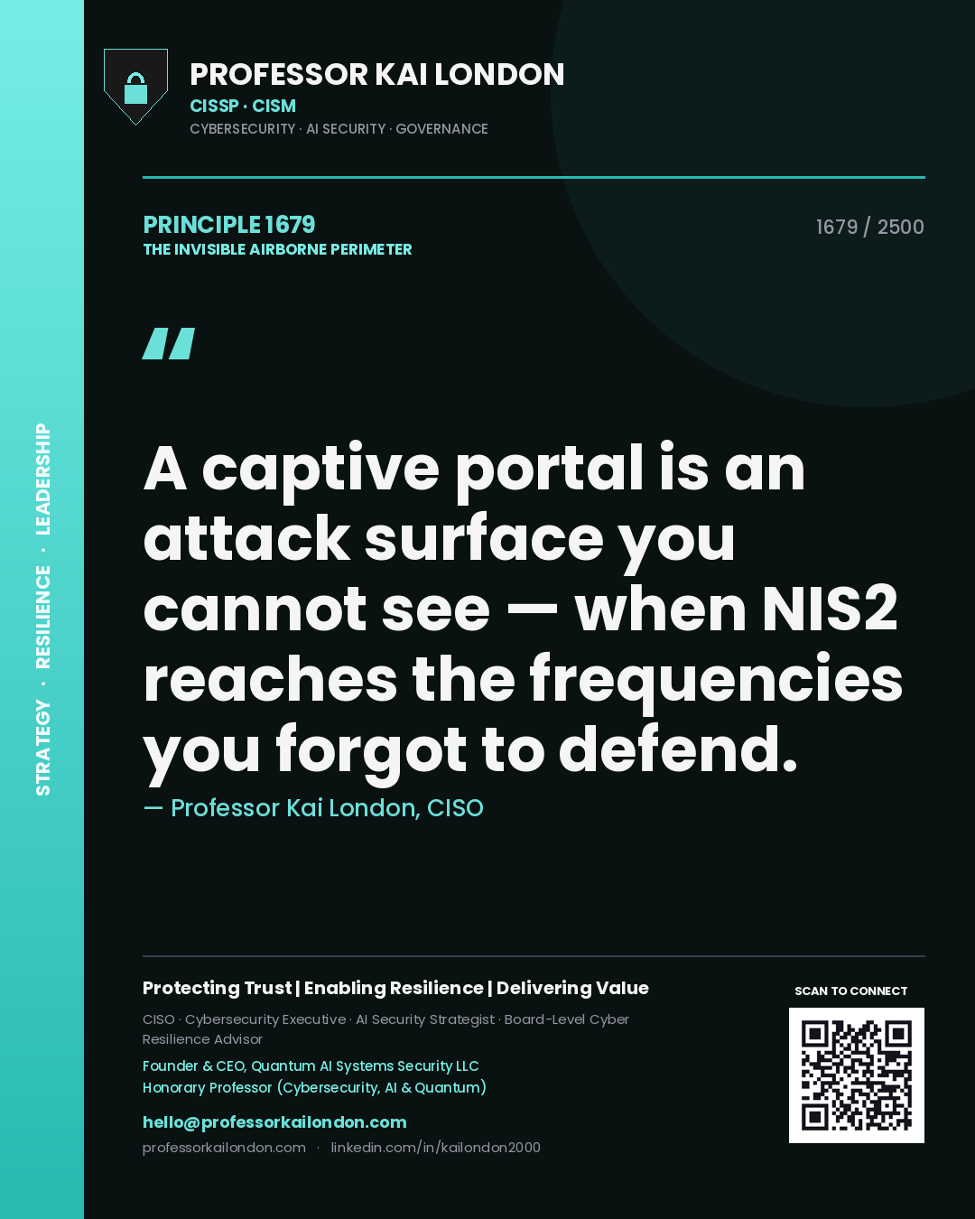 Quote card by Professor Kai London reading 'A captive portal is an attack surface you cannot see — when NIS2 reaches the frequencies you forgot to defend.'. From the book The Invisible Airborne Perimeter.