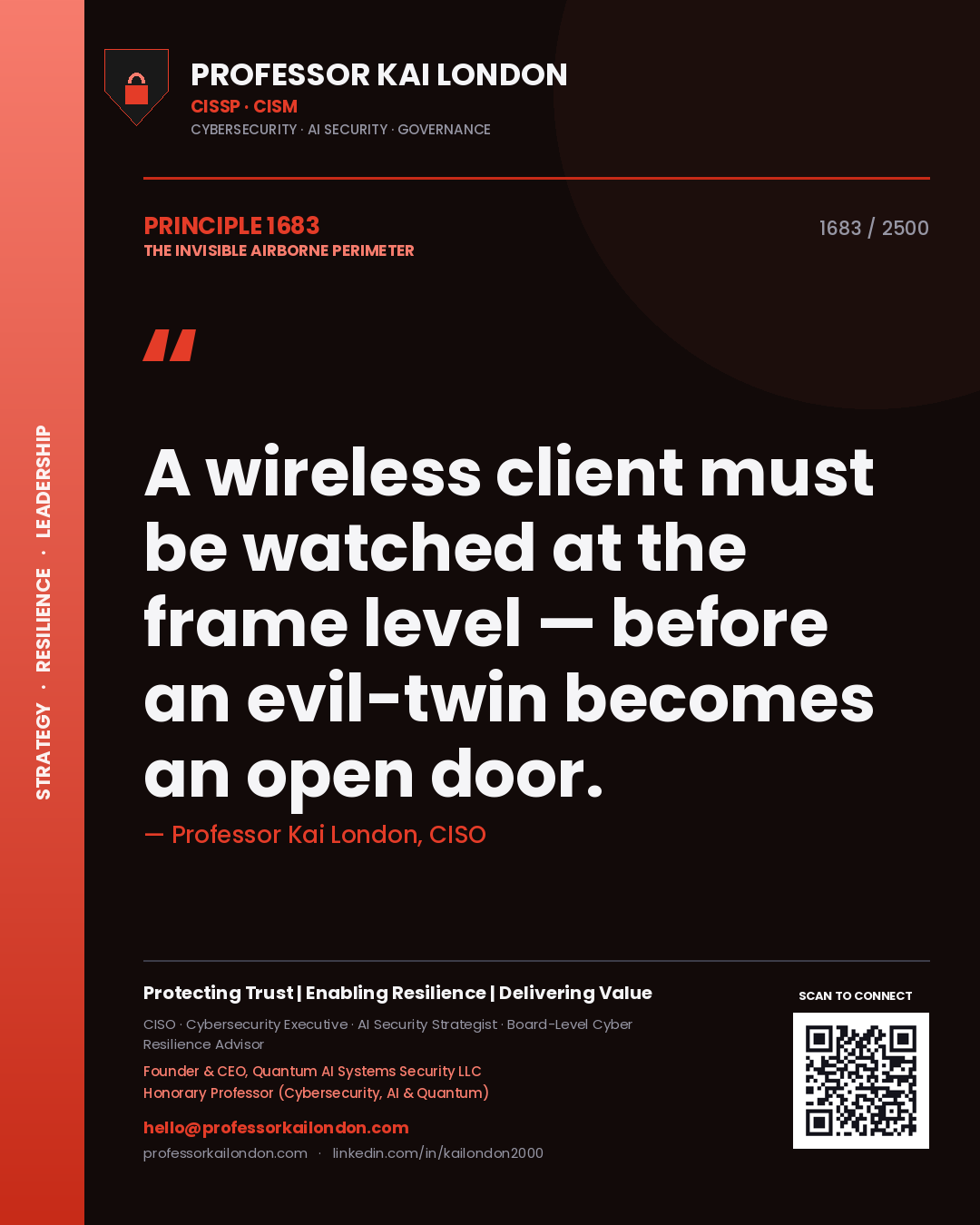 Quote card by Professor Kai London reading 'A wireless client must be watched at the frame level — before an evil-twin becomes an open door.'. From the book The Invisible Airborne Perimeter.
