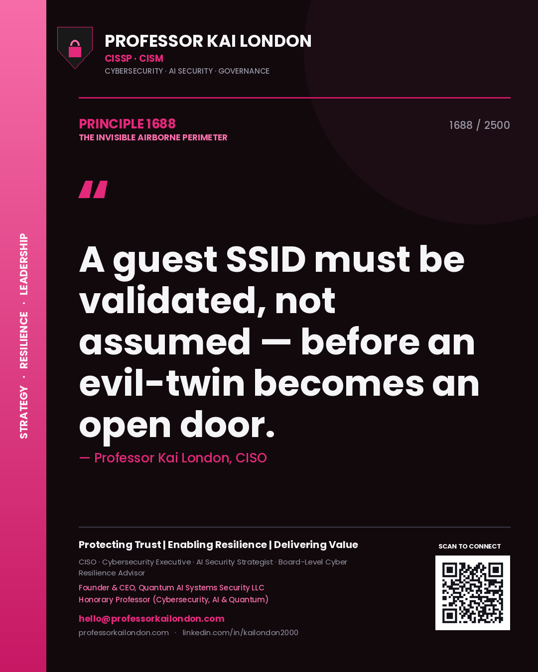 Quote card by Professor Kai London reading 'A guest SSID must be validated, not assumed — before an evil-twin becomes an open door.'. From the book The Invisible Airborne Perimeter.