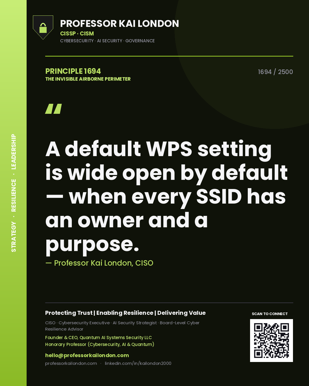 Quote card by Professor Kai London reading 'A default WPS setting is wide open by default — when every SSID has an owner and a purpose.'. From the book The Invisible Airborne Perimeter.