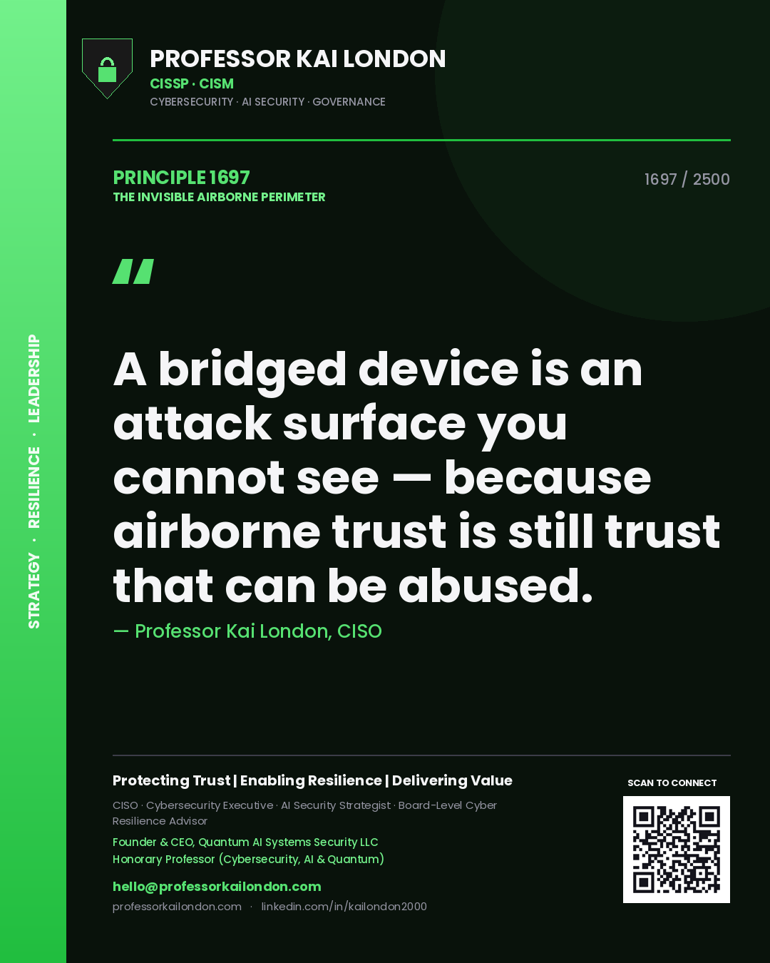 Quote card by Professor Kai London reading 'A bridged device is an attack surface you cannot see — because airborne trust is still trust that can be abused.'. From the book The Invisible Airborne Perimeter.