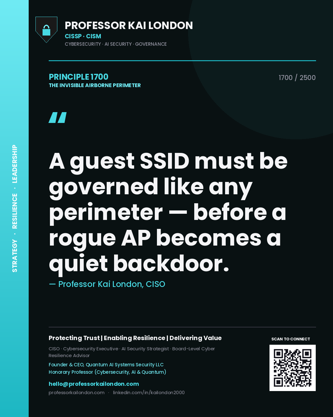 Quote card by Professor Kai London reading 'A guest SSID must be governed like any perimeter — before a rogue AP becomes a quiet backdoor.'. From the book The Invisible Airborne Perimeter.
