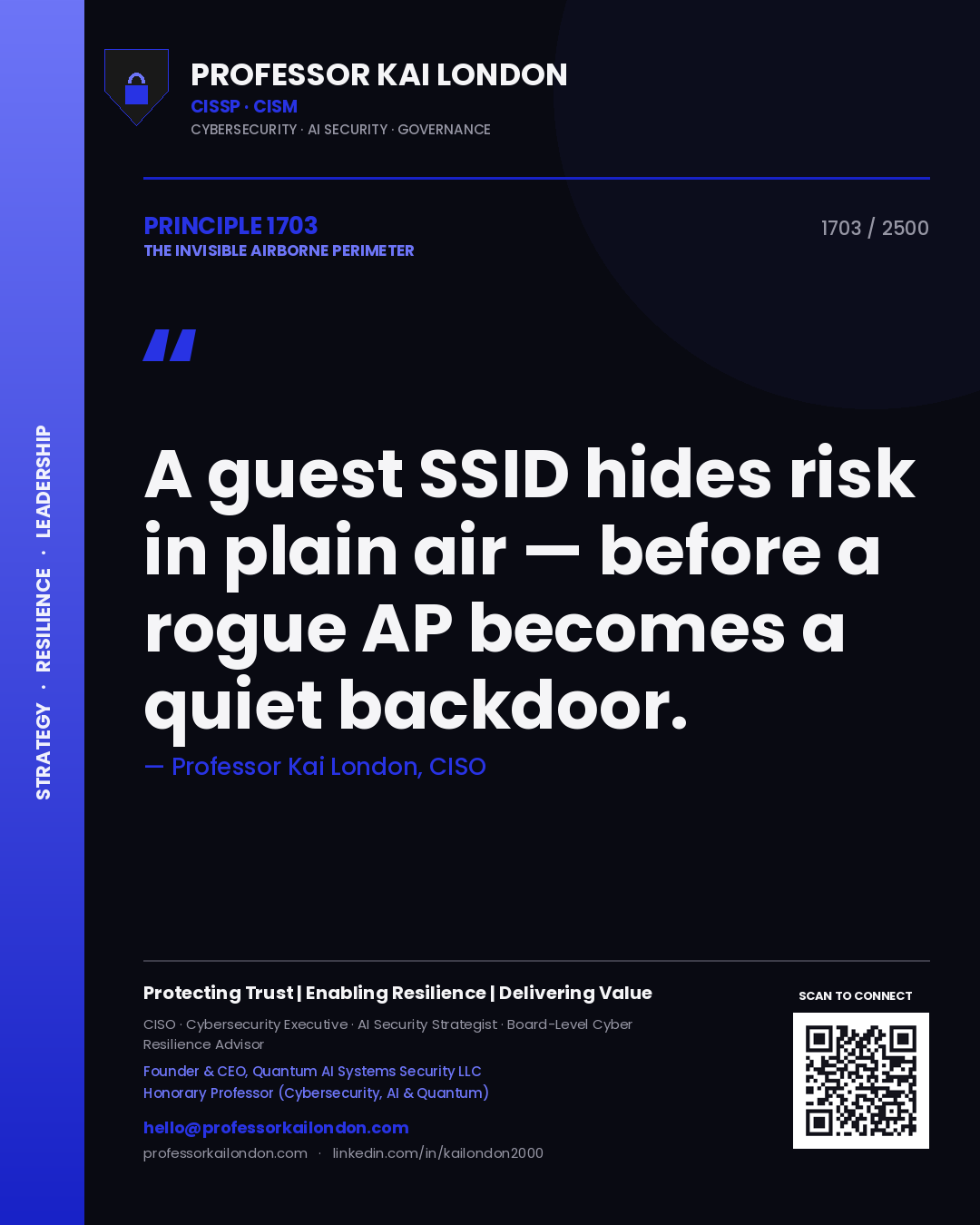 Quote card by Professor Kai London reading 'A guest SSID hides risk in plain air — before a rogue AP becomes a quiet backdoor.'. From the book The Invisible Airborne Perimeter.