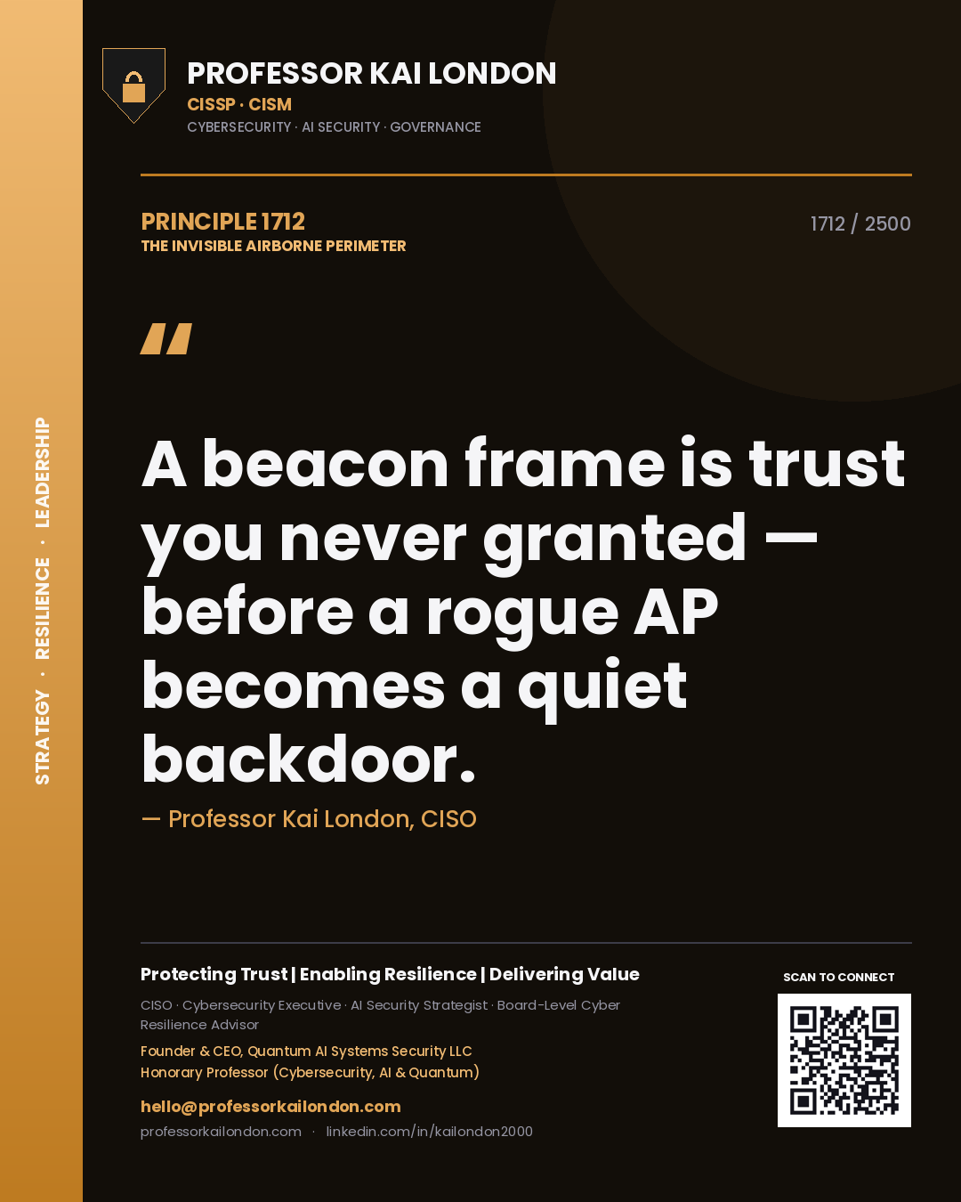 Quote card by Professor Kai London reading 'A beacon frame is trust you never granted — before a rogue AP becomes a quiet backdoor.'. From the book The Invisible Airborne Perimeter.