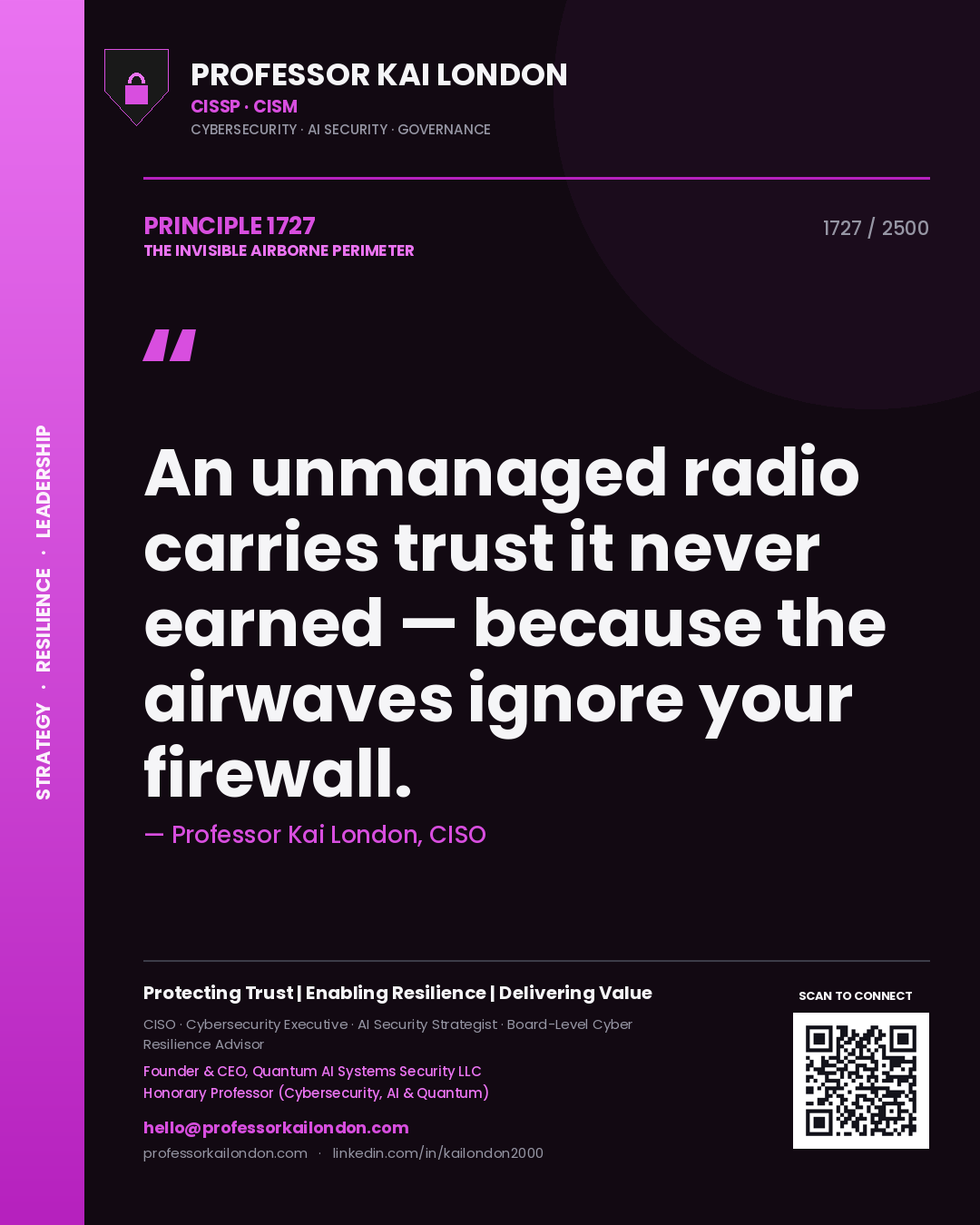 Quote card by Professor Kai London reading 'An unmanaged radio carries trust it never earned — because the airwaves ignore your firewall.'. From the book The Invisible Airborne Perimeter.