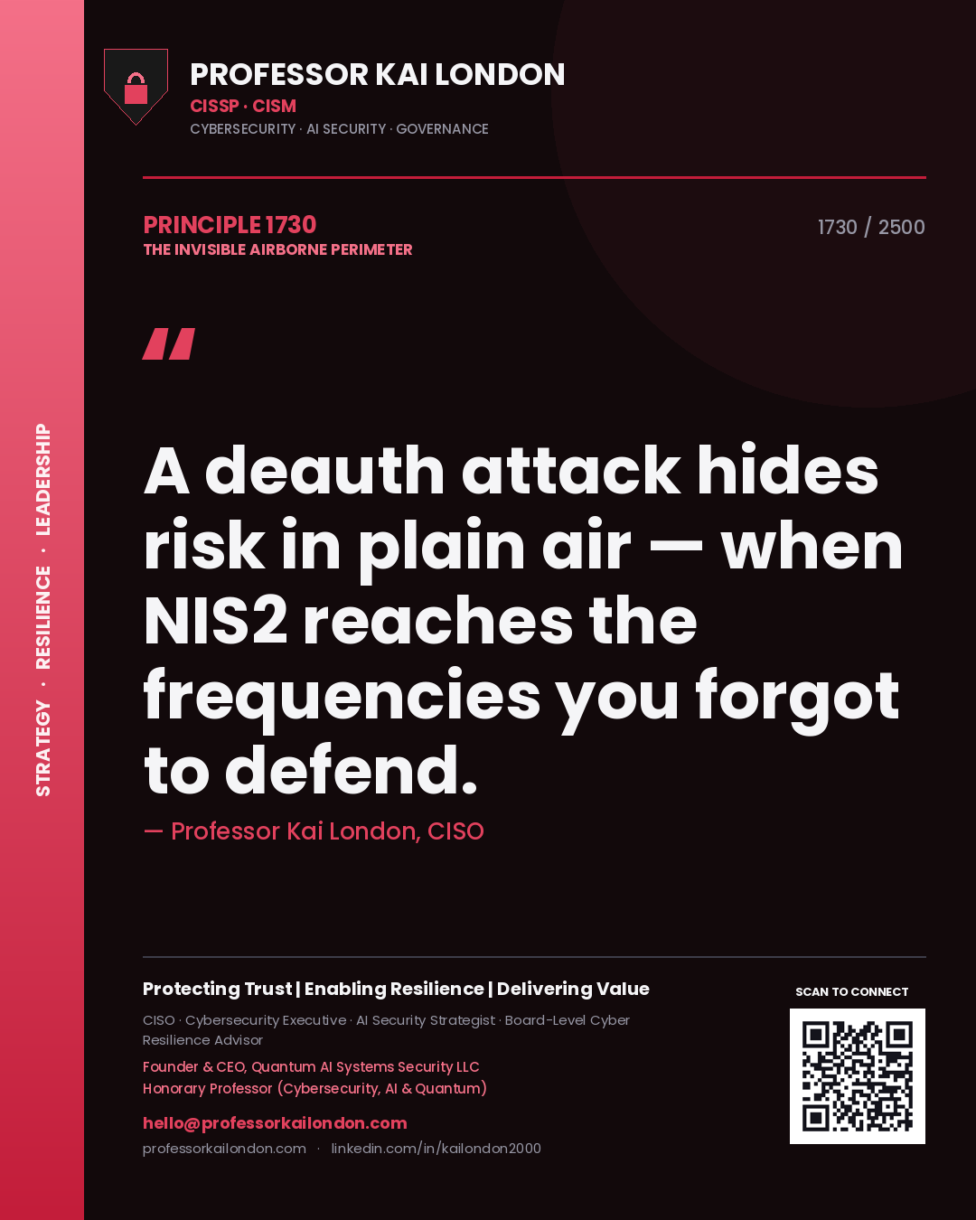 Quote card by Professor Kai London reading 'A deauth attack hides risk in plain air — when NIS2 reaches the frequencies you forgot to defend.'. From the book The Invisible Airborne Perimeter.