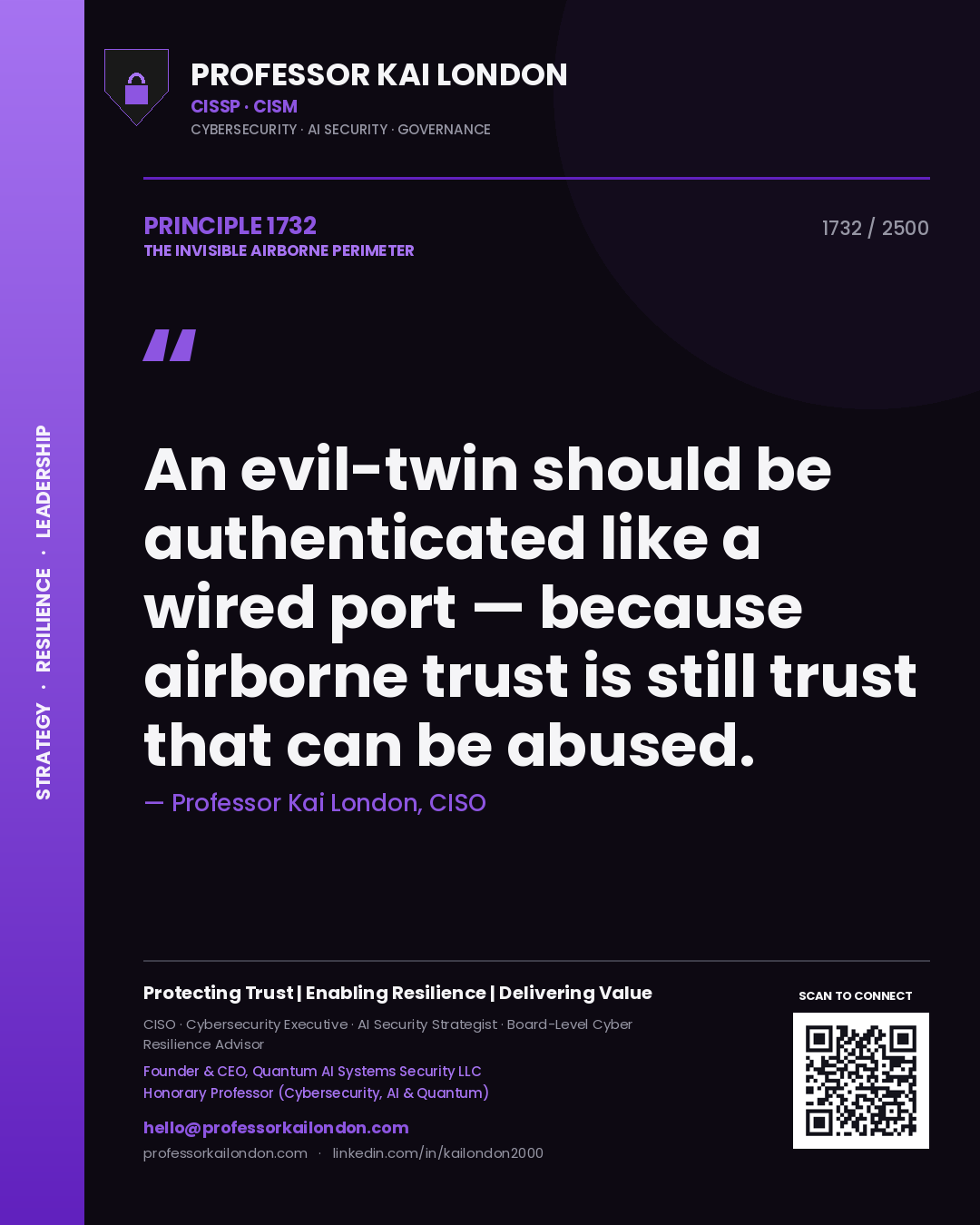 Quote card by Professor Kai London reading 'An evil-twin should be authenticated like a wired port — because airborne trust is still trust that can be abused.'. From the book The Invisible Airborne Perimeter.