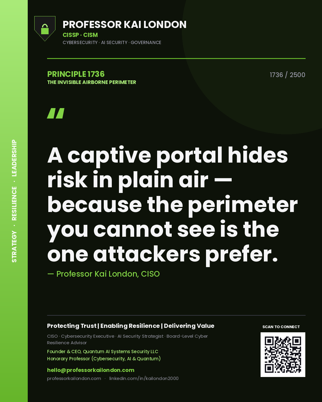 Quote card by Professor Kai London reading 'A captive portal hides risk in plain air — because the perimeter you cannot see is the one attackers prefer.'. From the book The Invisible Airborne Perimeter.