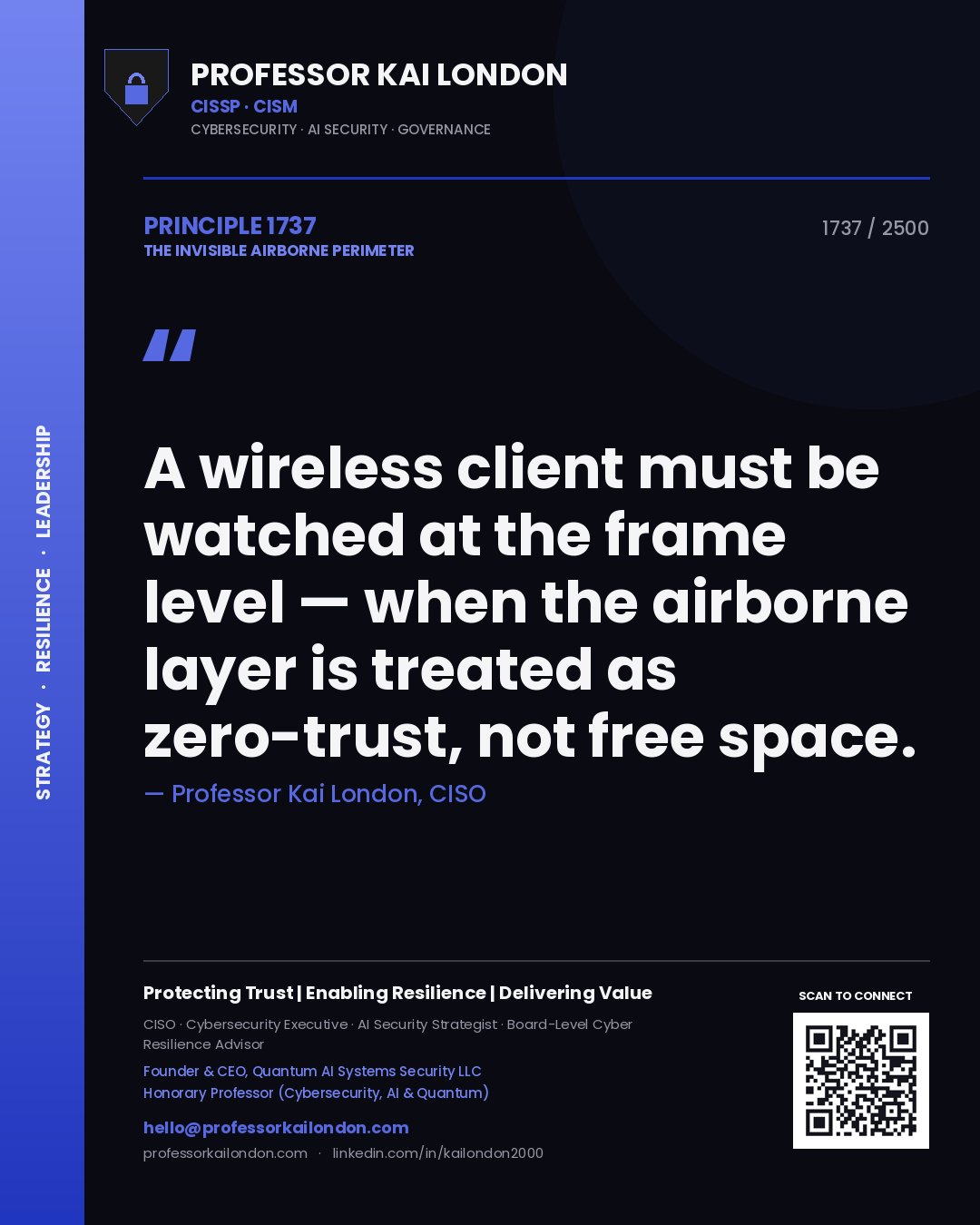 Quote card by Professor Kai London reading 'A wireless client must be watched at the frame level — when the airborne layer is treated as zero-trust, not free space.'. From the book The Invisible Airborne Perimeter.