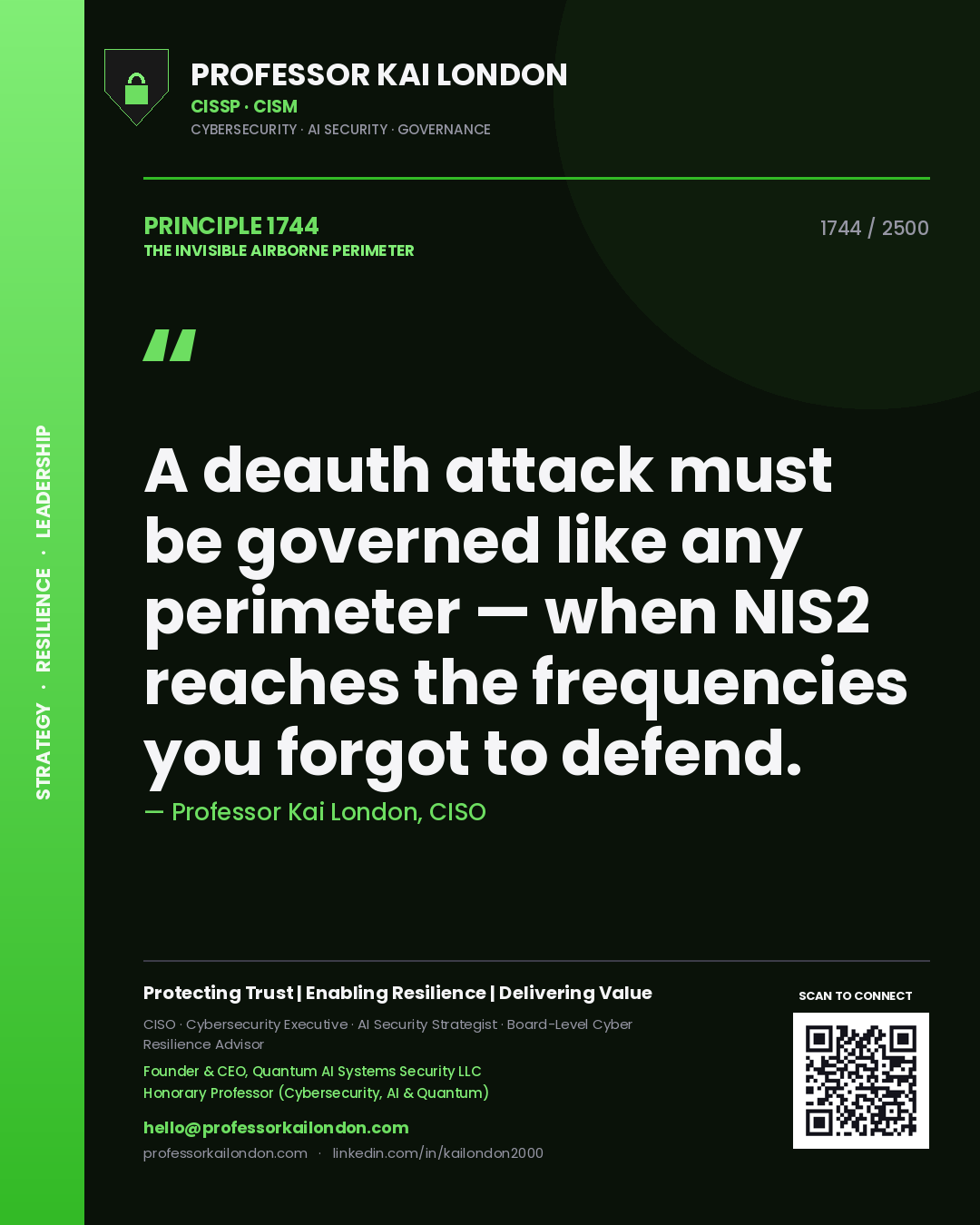 Quote card by Professor Kai London reading 'A deauth attack must be governed like any perimeter — when NIS2 reaches the frequencies you forgot to defend.'. From the book The Invisible Airborne Perimeter.
