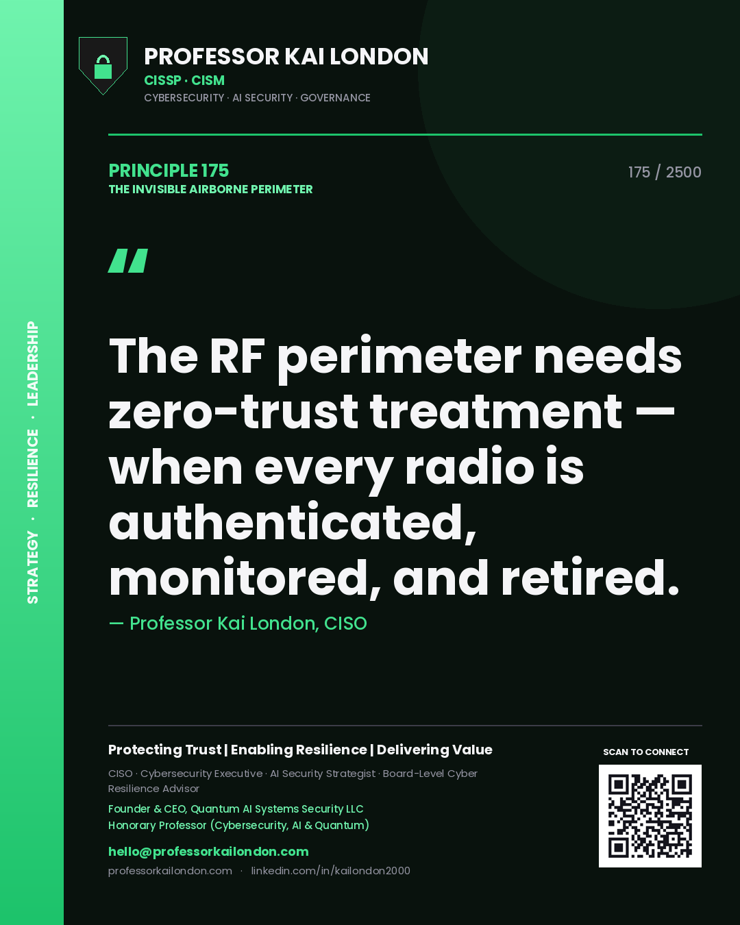 Professor Kai London principle 175: The RF perimeter needs zero-trust treatment — when every radio is authenticated, monitored, and retired.