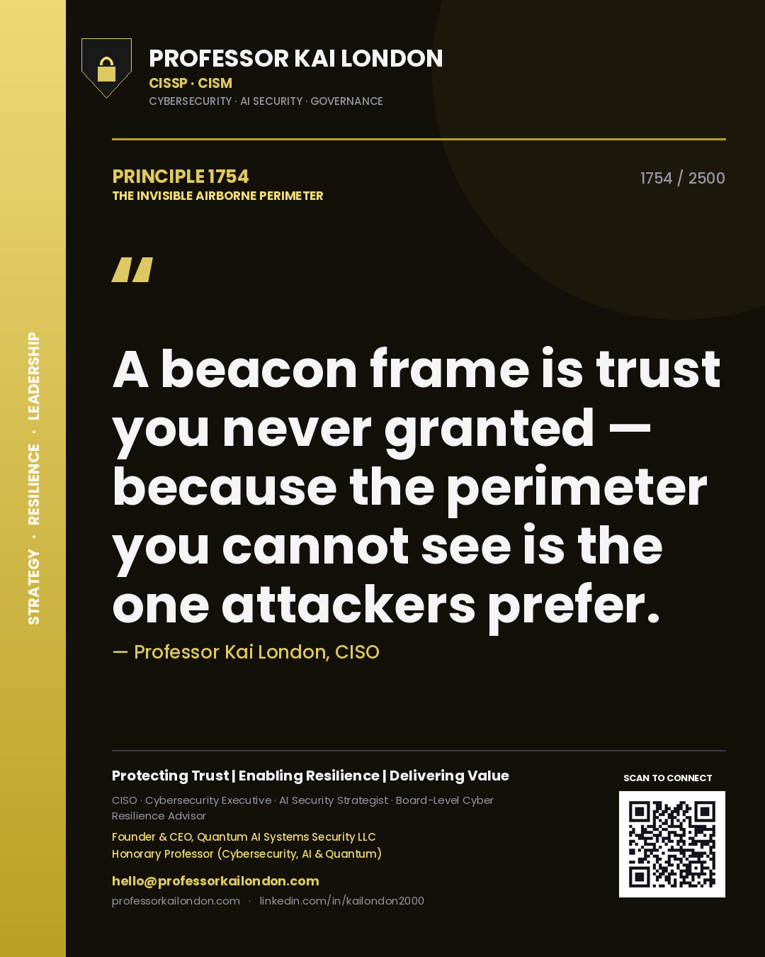 Quote card by Professor Kai London reading 'A beacon frame is trust you never granted — because the perimeter you cannot see is the one attackers prefer.'. From the book The Invisible Airborne Perimeter.