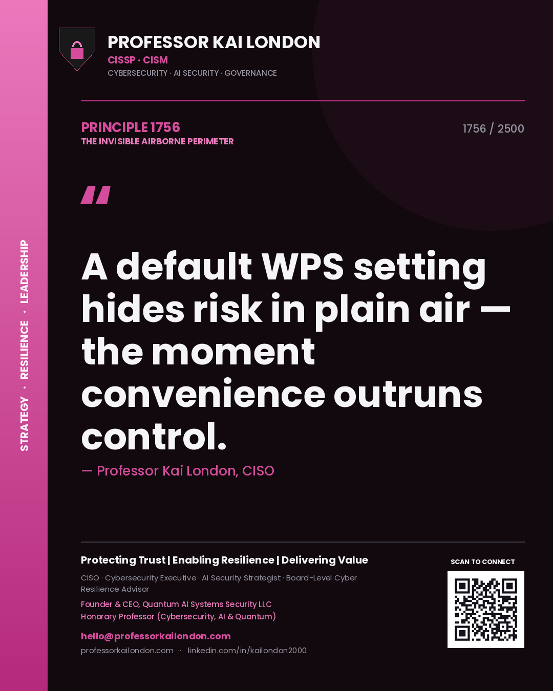 Quote card by Professor Kai London reading 'A default WPS setting hides risk in plain air — the moment convenience outruns control.'. From the book The Invisible Airborne Perimeter.