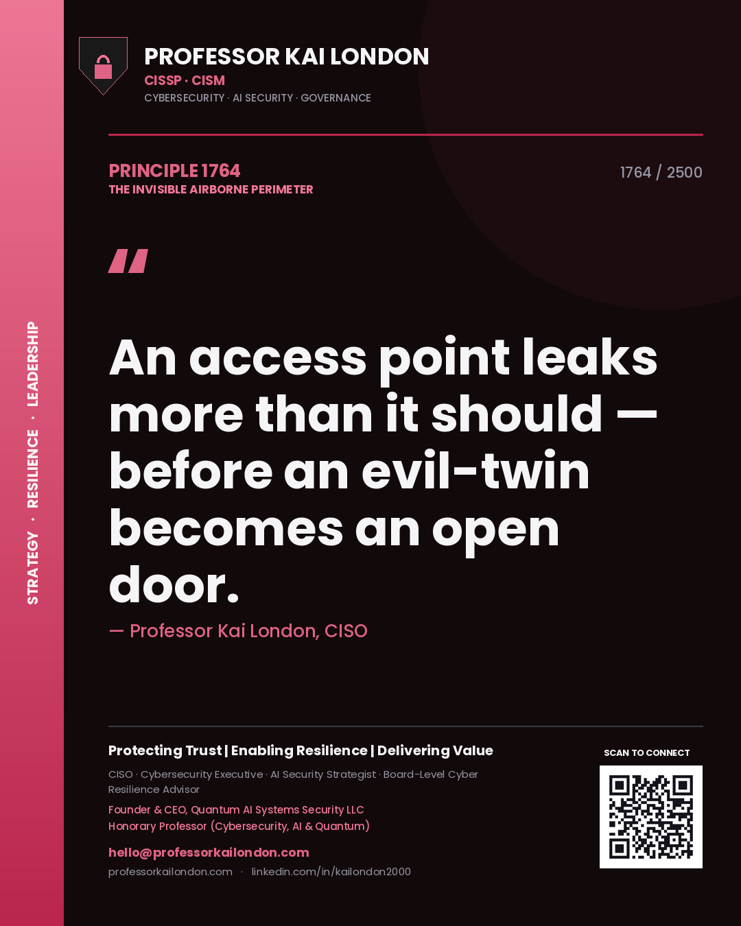Quote card by Professor Kai London reading 'An access point leaks more than it should — before an evil-twin becomes an open door.'. From the book The Invisible Airborne Perimeter.