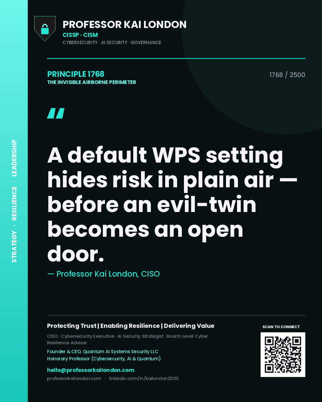 Quote card by Professor Kai London reading 'A default WPS setting hides risk in plain air — before an evil-twin becomes an open door.'. From the book The Invisible Airborne Perimeter.