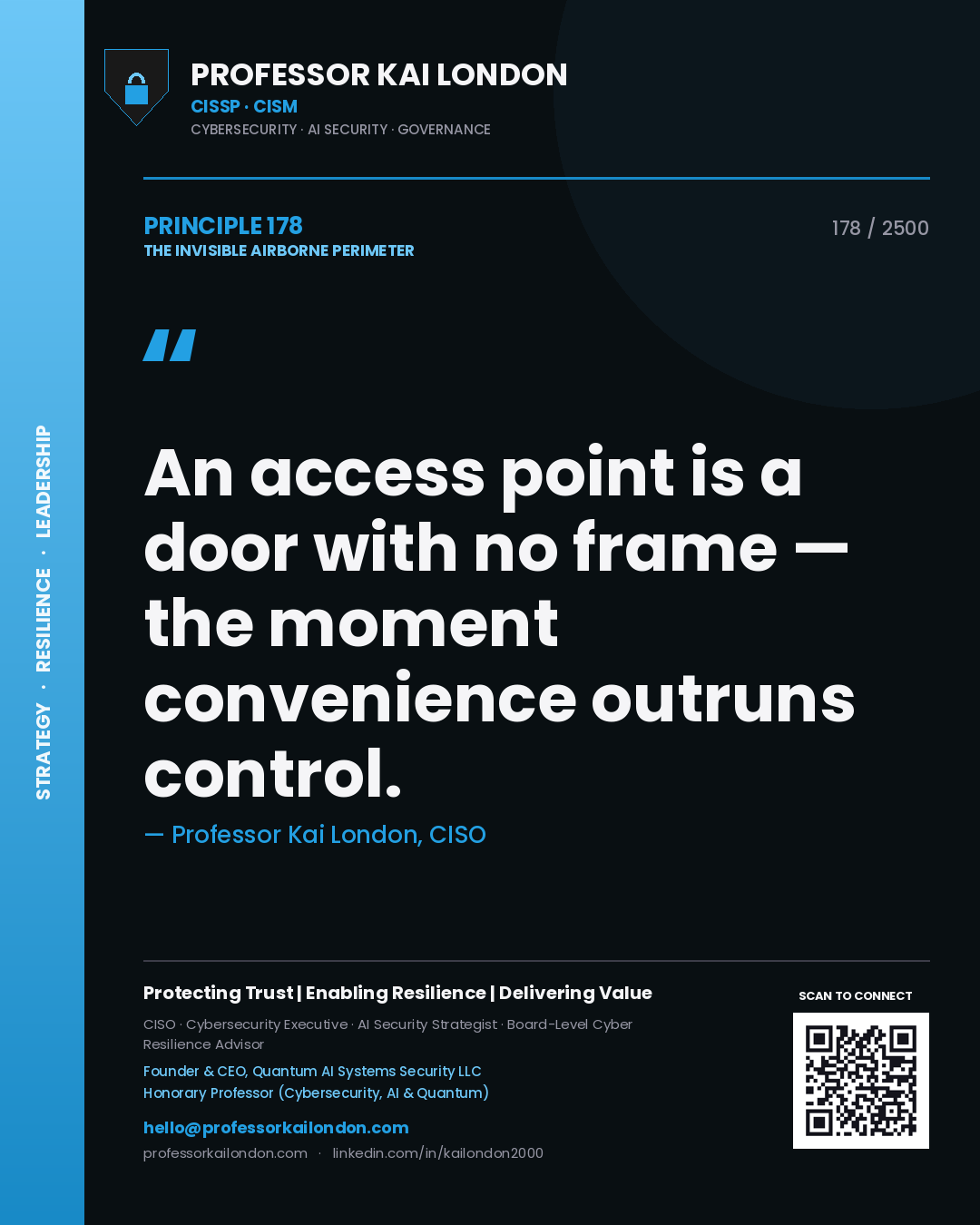 Quote card by Professor Kai London reading 'An access point is a door with no frame — the moment convenience outruns control.'. From the book The Invisible Airborne Perimeter.