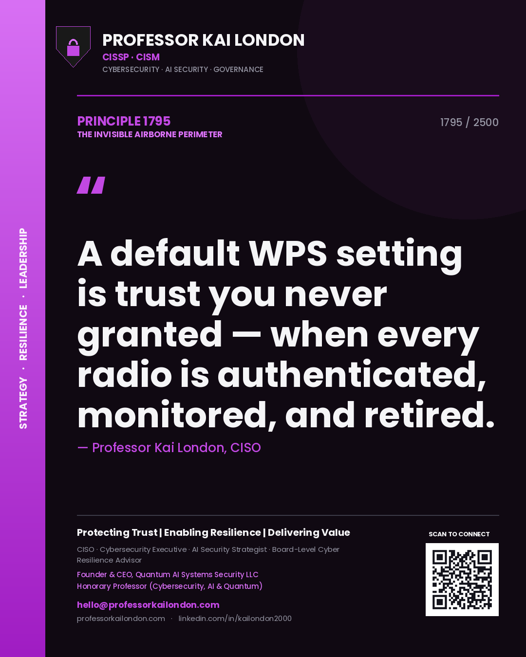 Quote card by Professor Kai London reading 'A default WPS setting is trust you never granted — when every radio is authenticated, monitored, and retired.'. From the book The Invisible Airborne Perimeter.