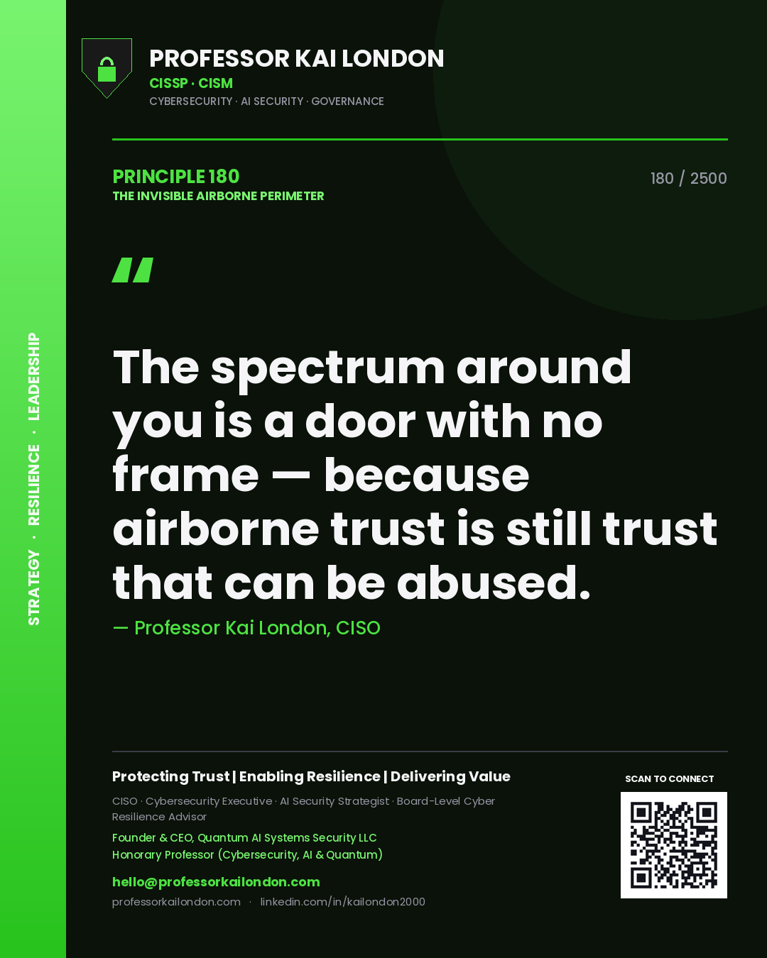Quote card by Professor Kai London reading 'The spectrum around you is a door with no frame — because airborne trust is still trust that can be abused.'. From the book The Invisible Airborne Perimeter.