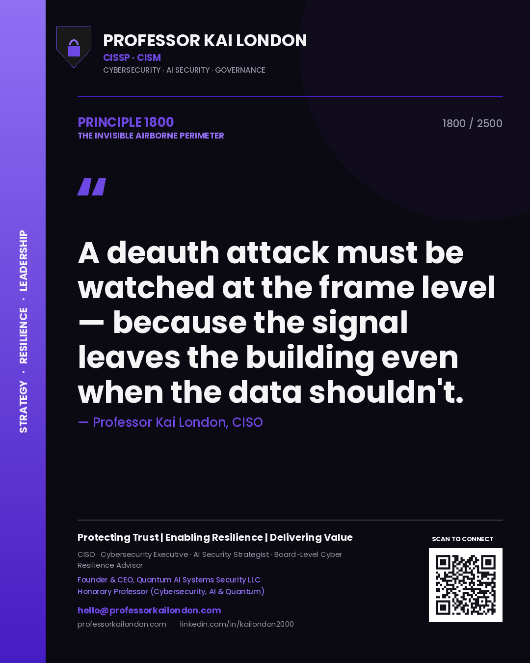 Quote card by Professor Kai London reading 'A deauth attack must be watched at the frame level — because the signal leaves the building even when the data shouldn't.'. From the book The Invisible Airborne Perimeter.
