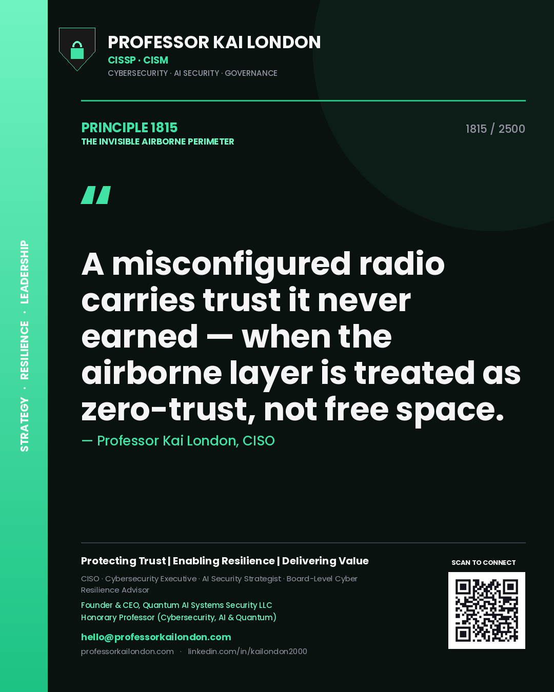 Quote card by Professor Kai London reading 'A misconfigured radio carries trust it never earned — when the airborne layer is treated as zero-trust, not free space.'. From the book The Invisible Airborne Perimeter.