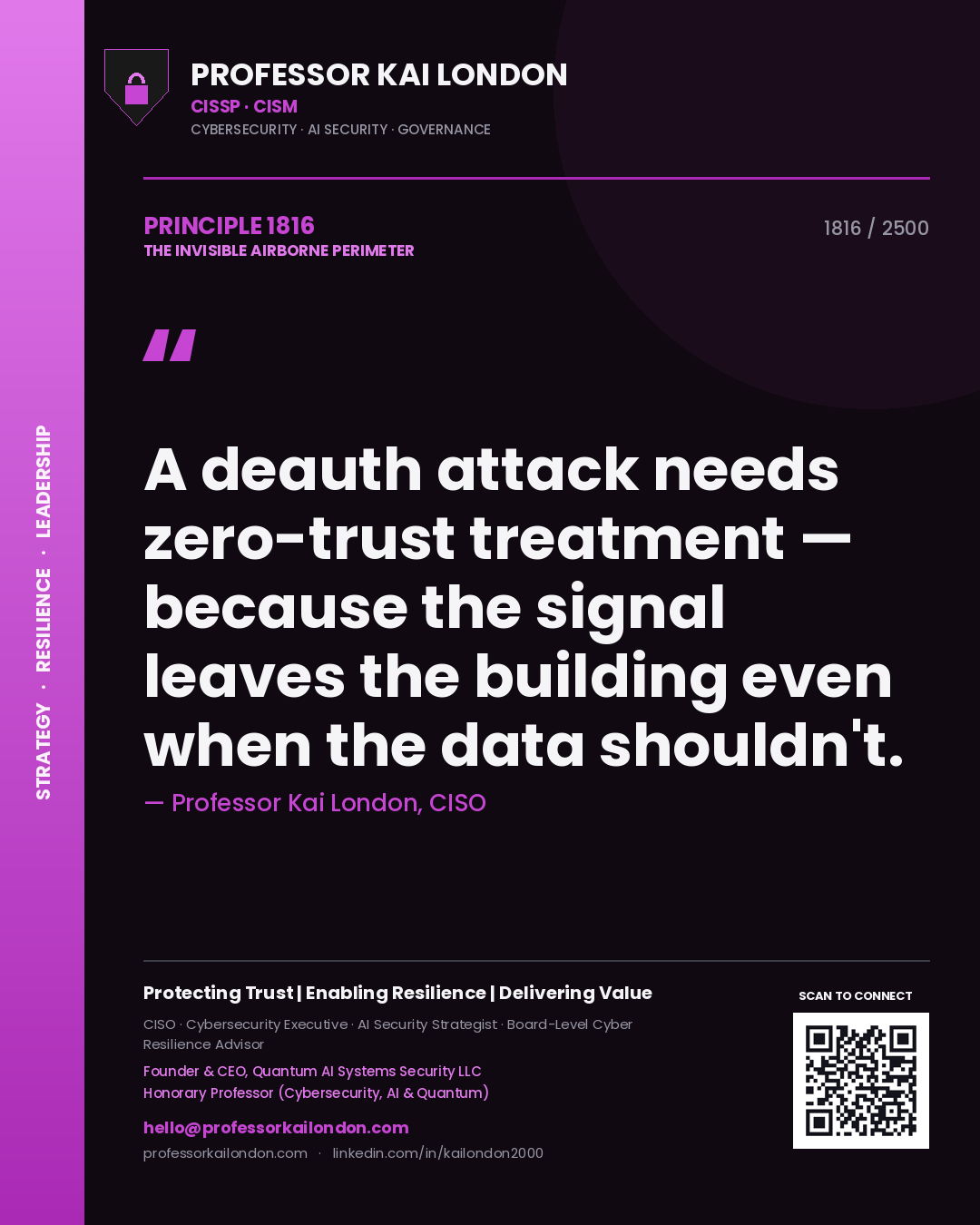 Quote card by Professor Kai London reading 'A deauth attack needs zero-trust treatment — because the signal leaves the building even when the data shouldn't.'. From the book The Invisible Airborne Perimeter.